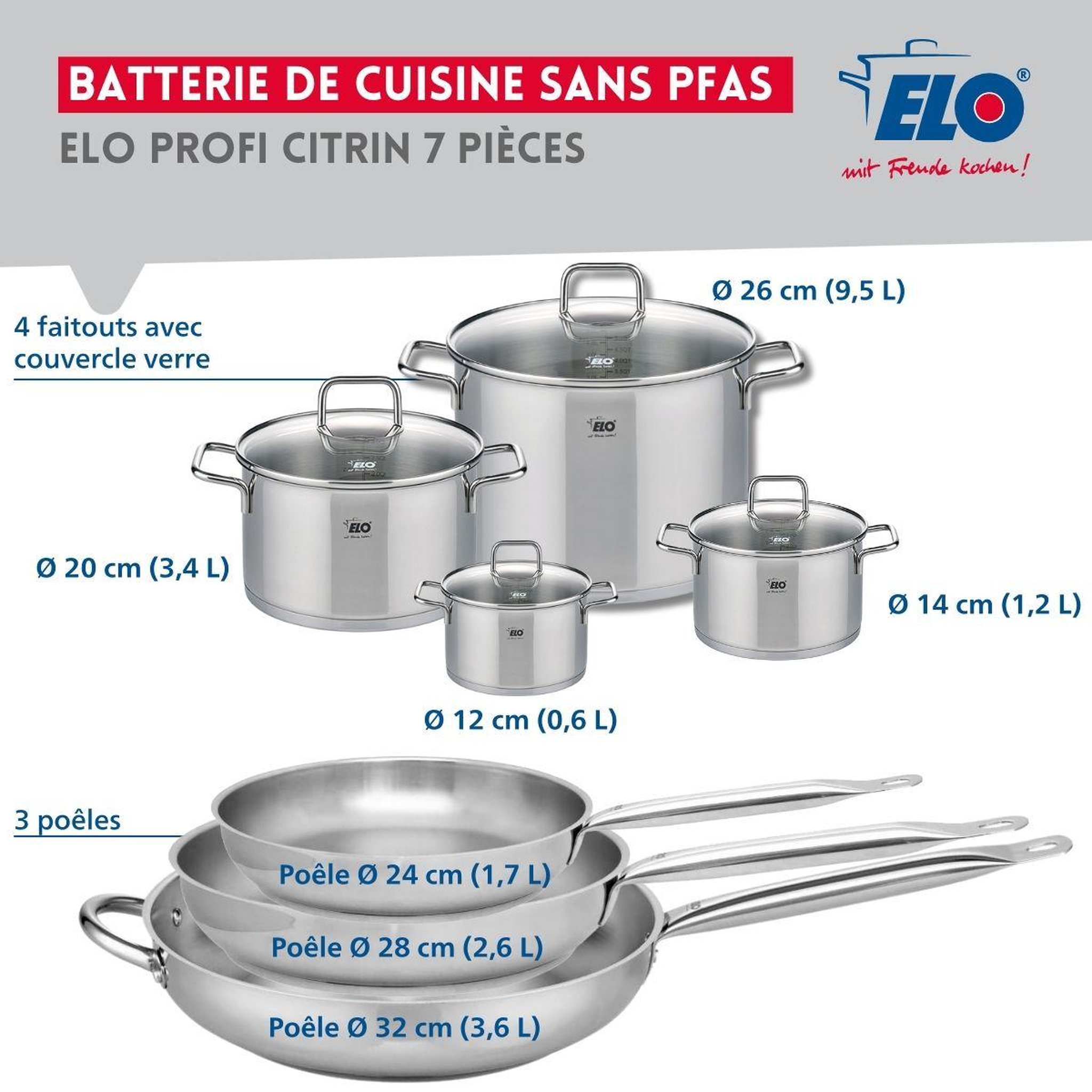 Voir la diapositive 2 : ELO Ensemble de 3 poêles de cuisson 24, 28 et 32 cm et 4 faitouts 12, 14, 20 et 26 cm elo profi citrin