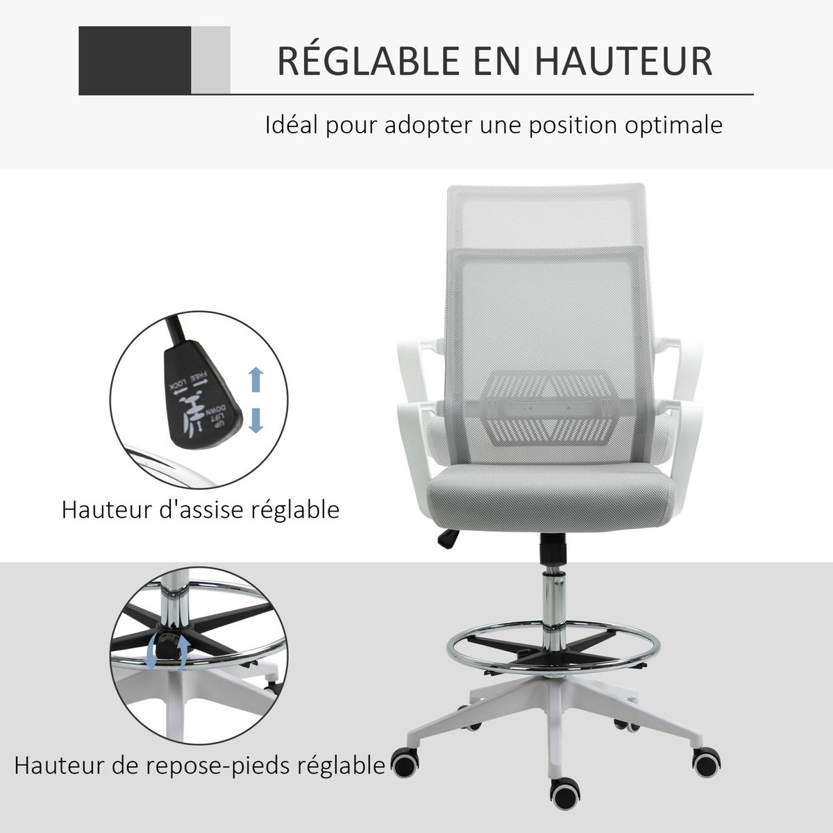 HOMCOM Fauteuil de bureau chaise de bureau assise haute réglable dim. 64L x 59l x 104-124H cm pivotant 360° maille respirante gris