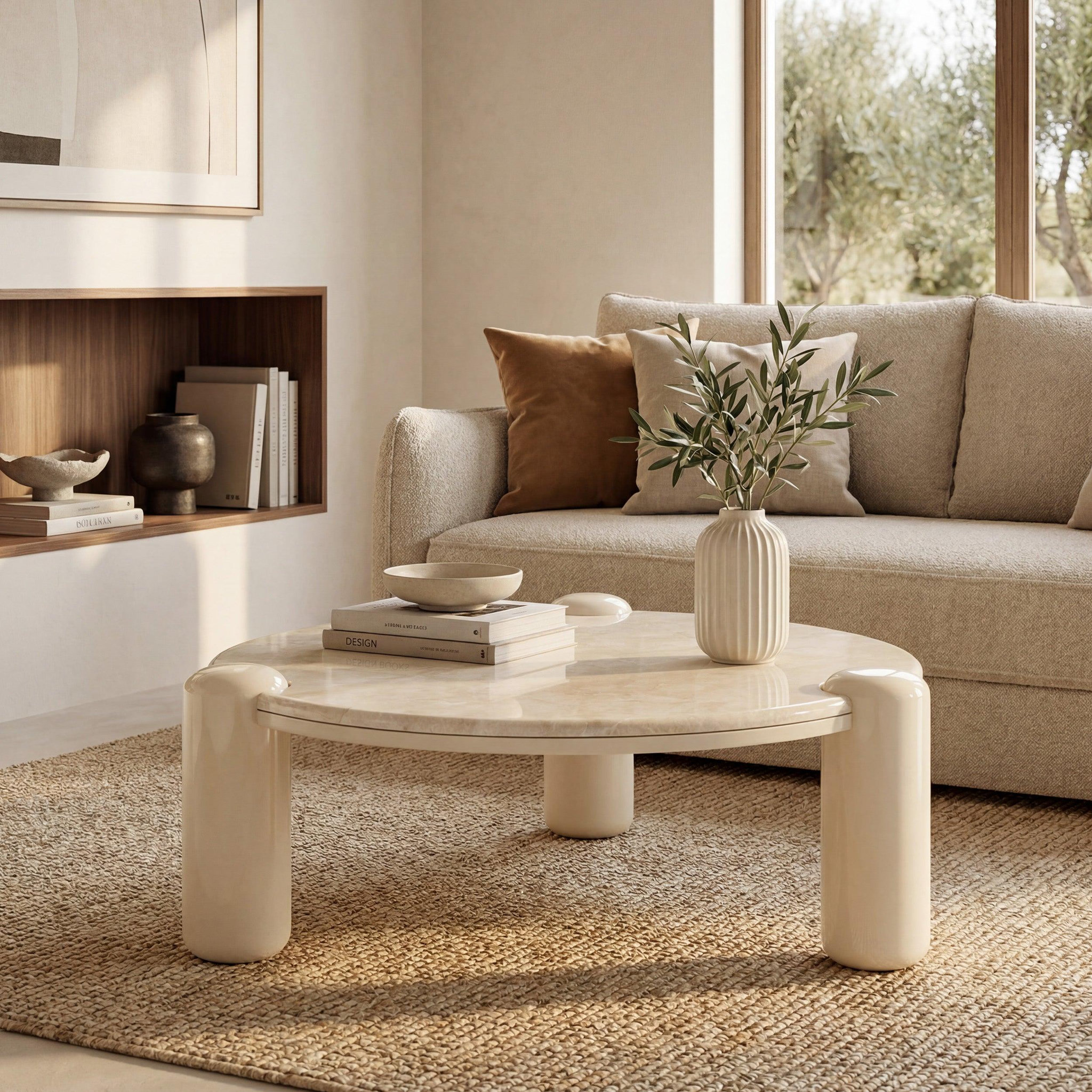 Voir la diapositive 2 : MAISON PAVANE Table basse en marbre avec pieds laqués beiges, d86 cm-hanaé
