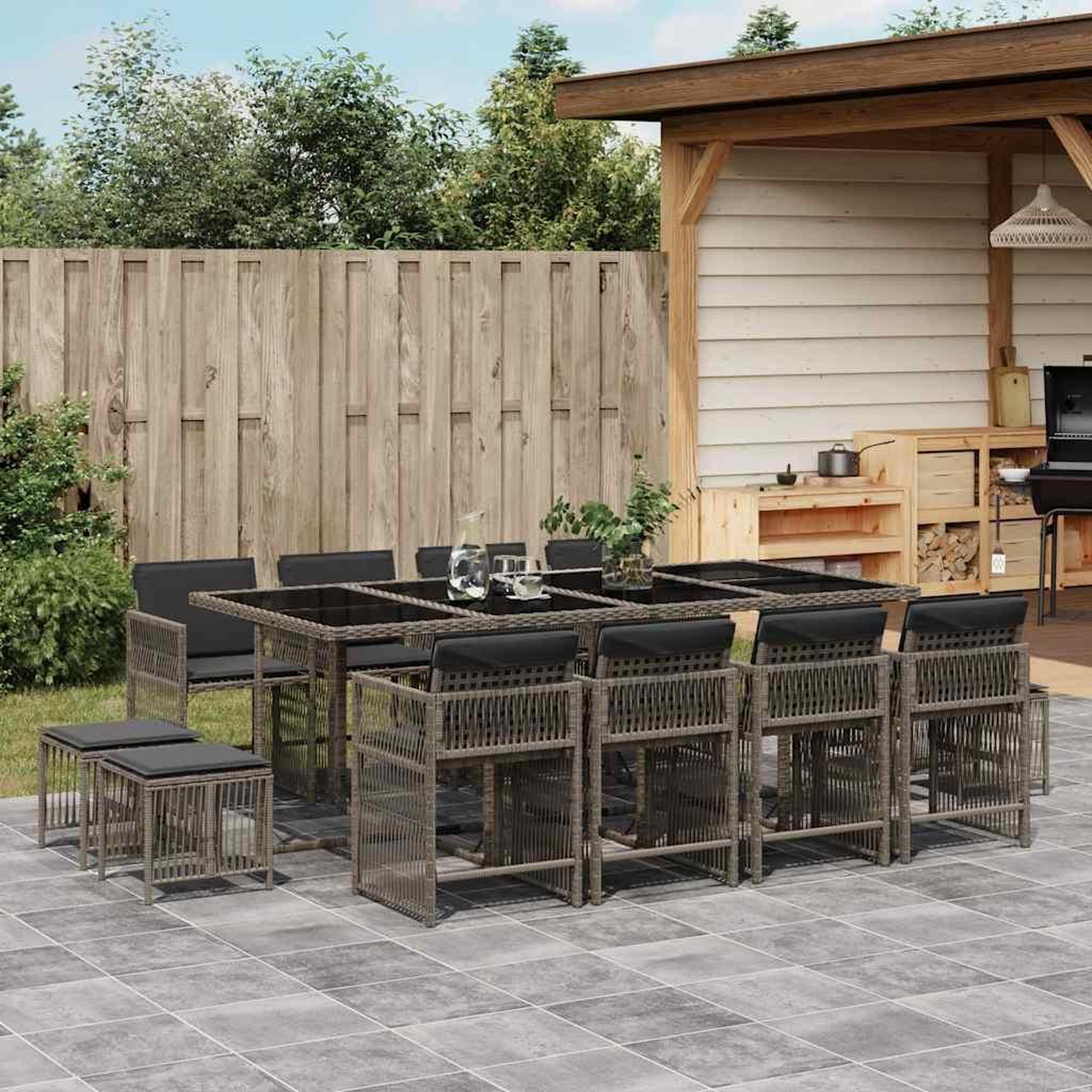 VIDAXL Ensemble a manger de jardin coussins 13 pcs gris resine tressee