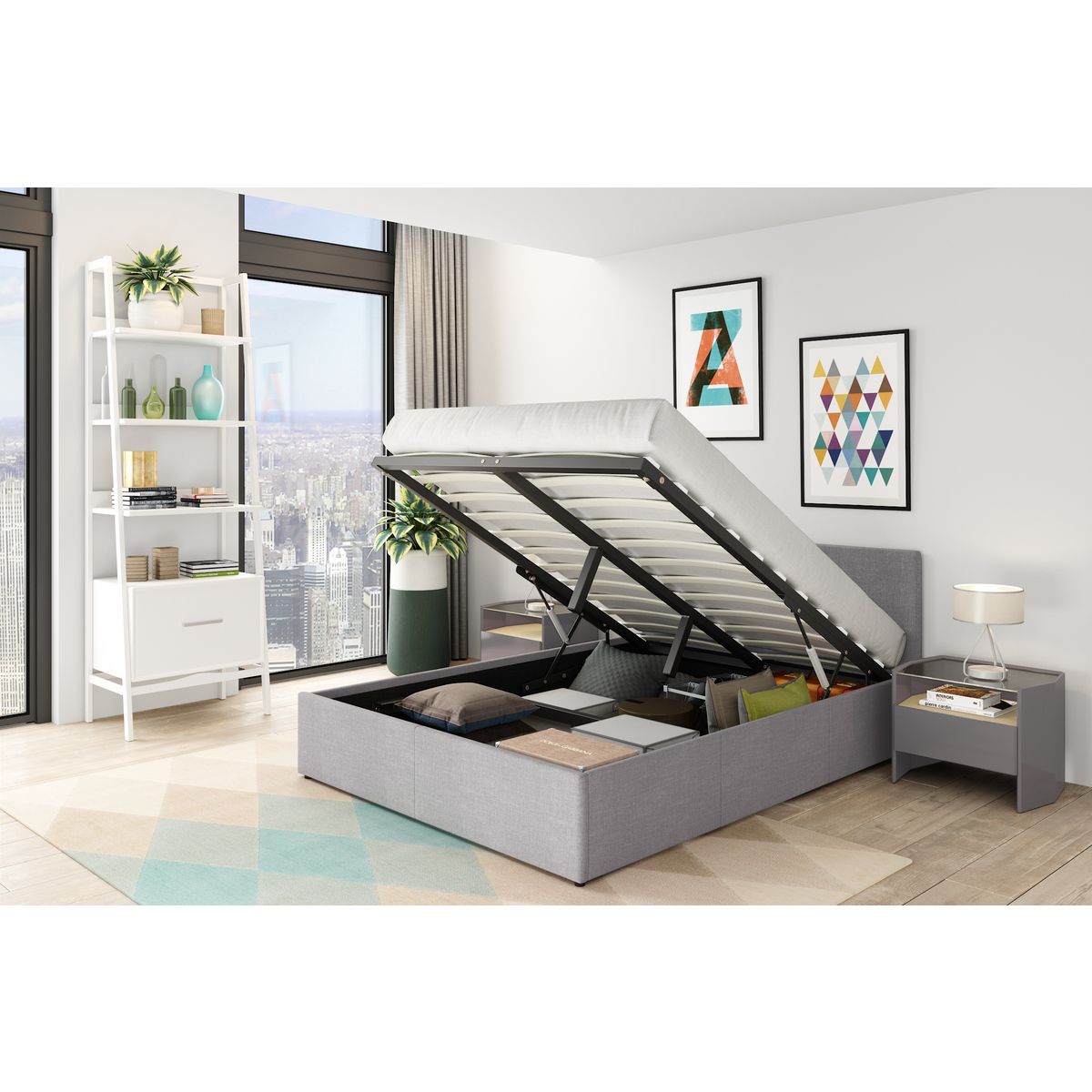 Lit coffre 140x190cm revêtement tissu gris avec sommier et tête de lit WILLOW