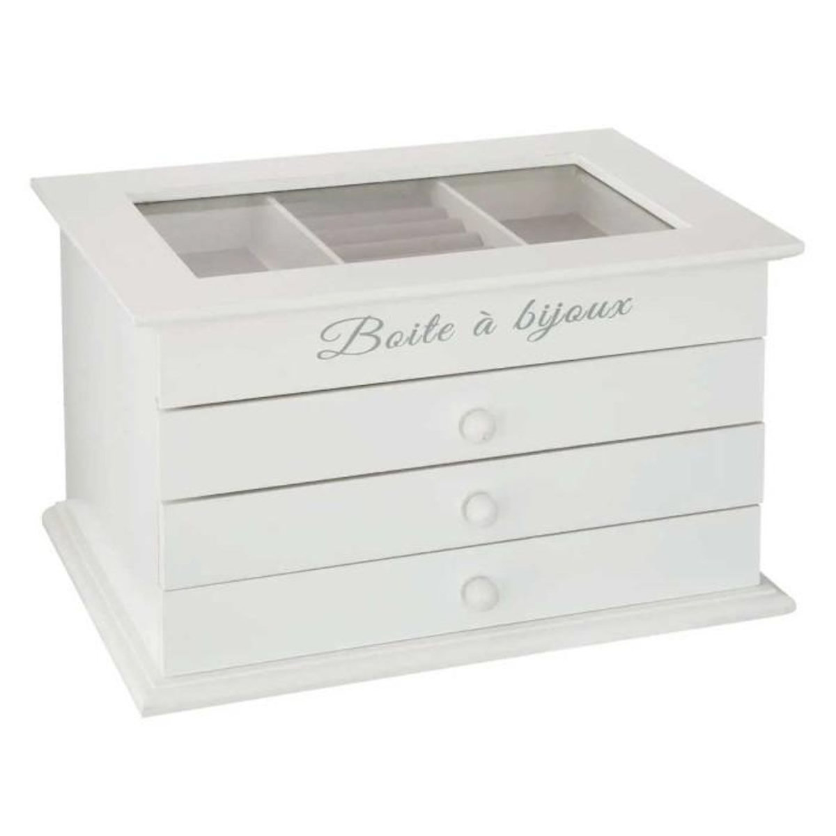 ATMOSPHERA Boîte à Bijoux Vitrée 3 Tiroirs  Charme  25cm Blanc