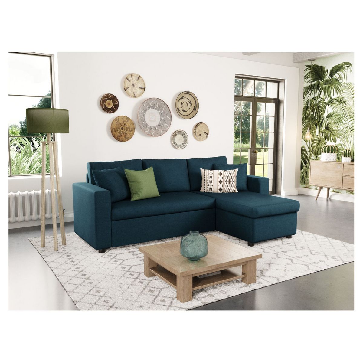 Canapé d'angle réversible convertible avec coffre en tissu ou velours GERALDINE 