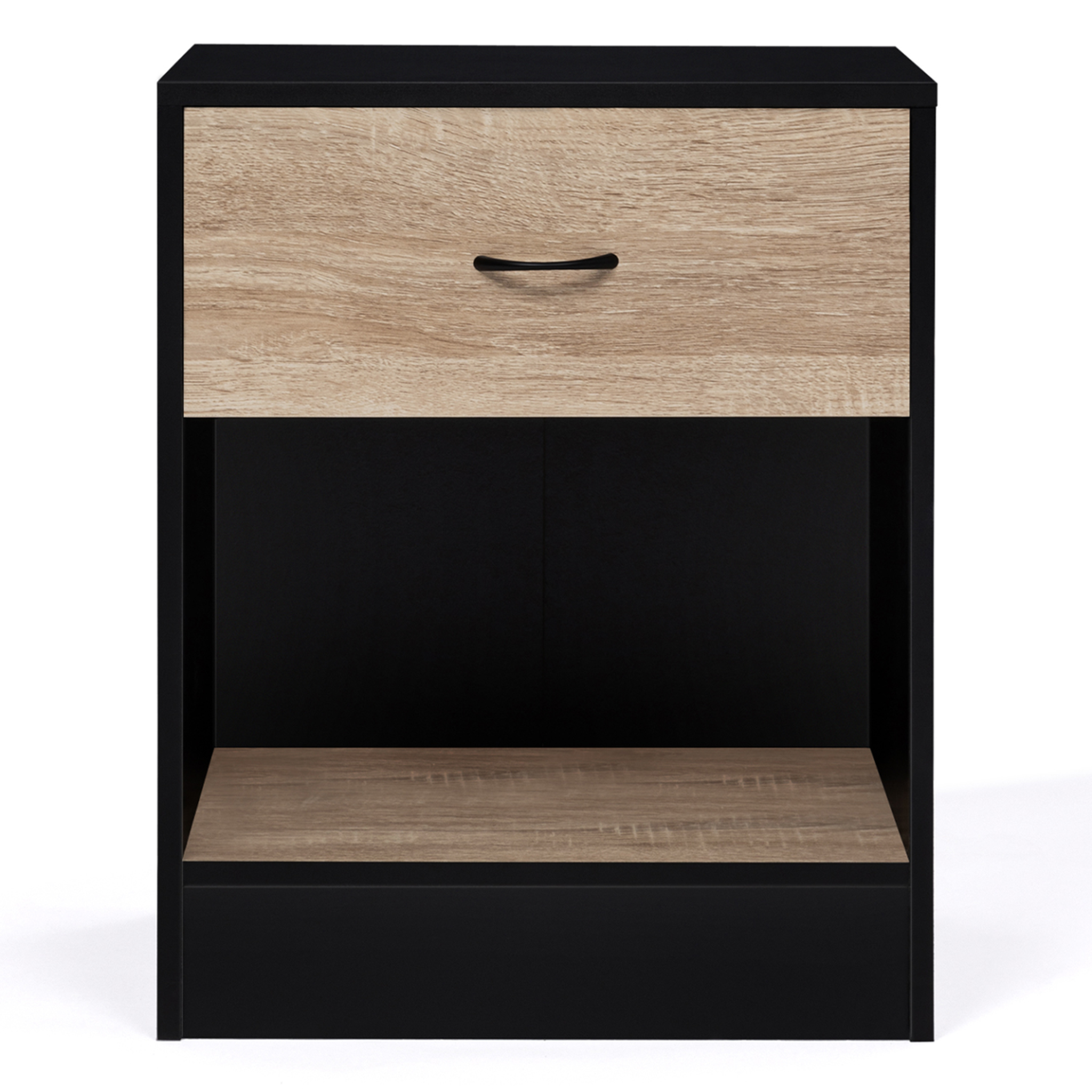Voir la diapositive 3 : ID MARKET Lot de 2 tables de chevet olga 1 tiroir avec niche bois noir et tiroir façon hêtre