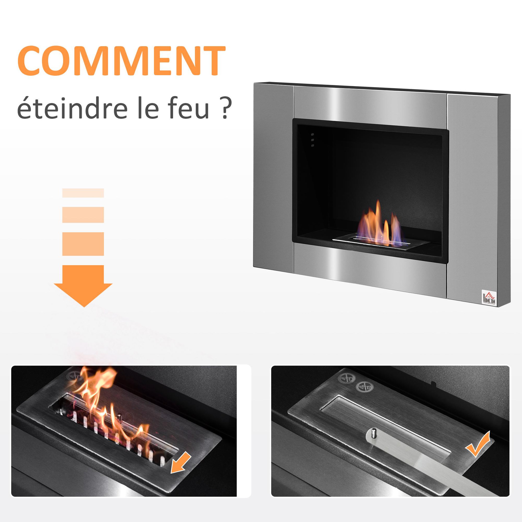 Voir la diapositive 4 : HOMCOM Cheminée bioéthanol murale design Bauhaus 1 brûleur 0,9 L couverture 20-25 m² acier inox brossé