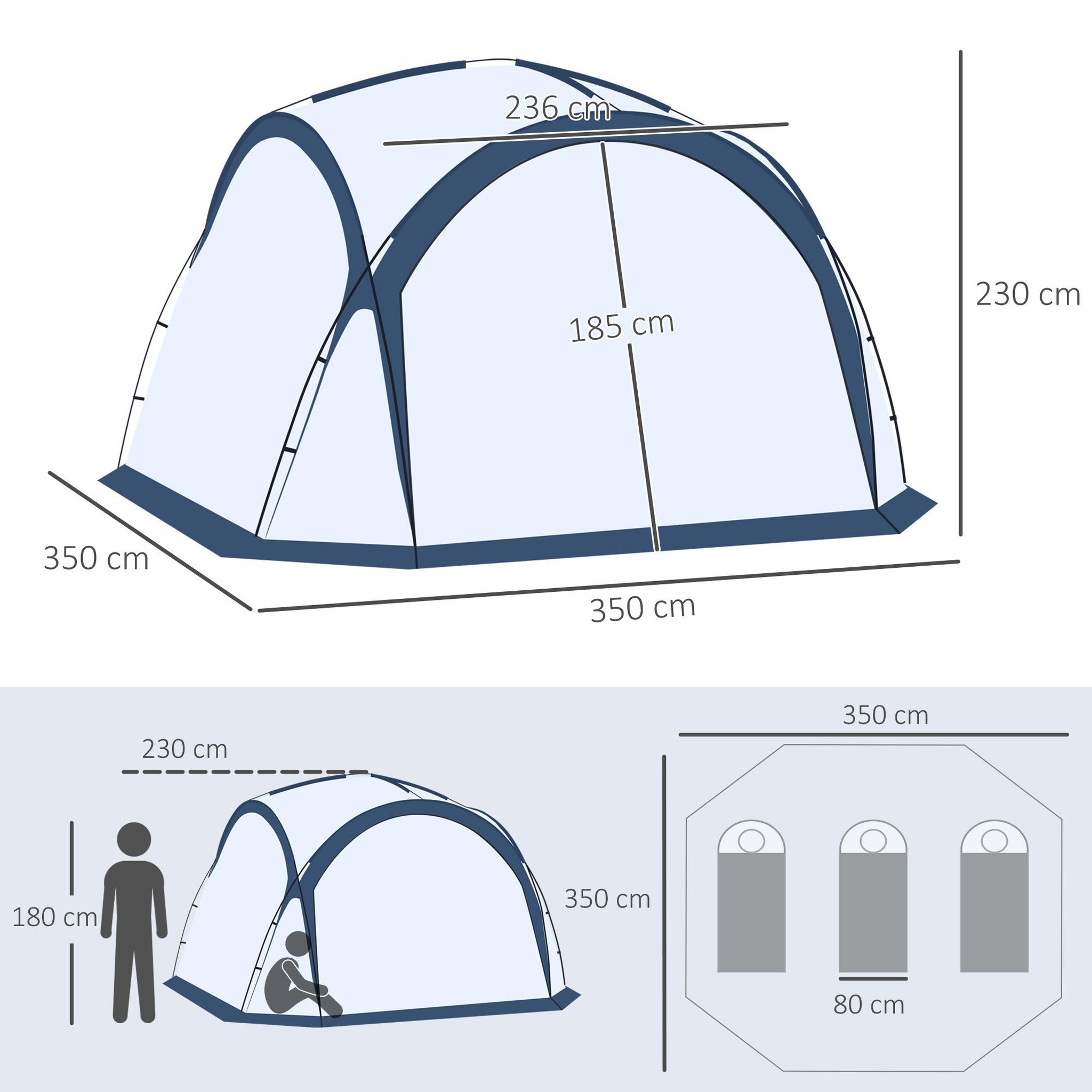 Voir la diapositive 3 : OUTSUNNY Tente de camping dôme familiale 6-8 personnes - 4 portes en filet zippées, tissu oxford amovible, crochet lampe, sac de transport - dim. 350l x 350l x 230h cm - blanc bleu