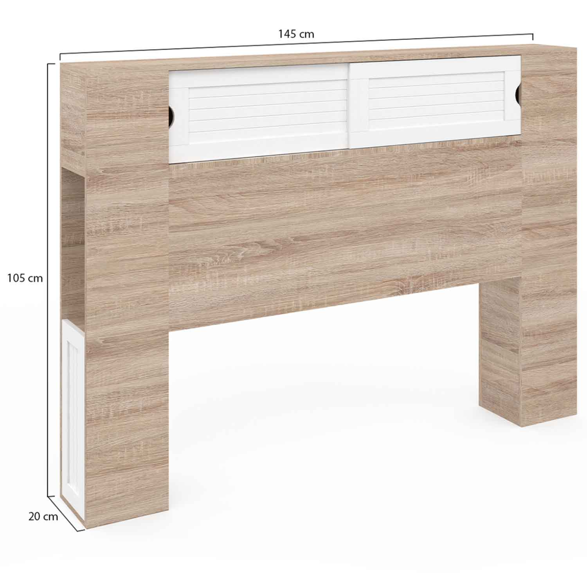 Voir la diapositive 4 : ID MARKET Tête de lit sur pied salem 145 cm avec rangements fermés et niches bois et blanc