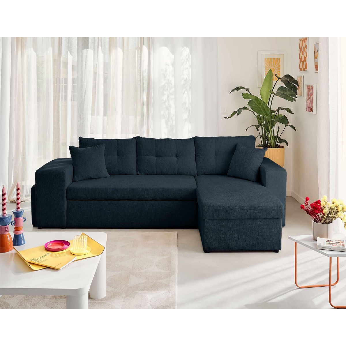 BEST MOBILIER California - canapé d'angle réversible 4 places - convertible avec coffre, étagère et poufs - en velours texturé