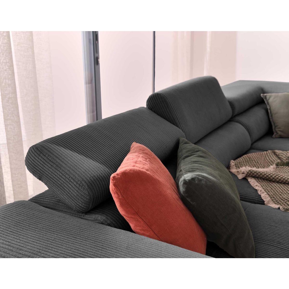 BEST MOBILIER Zaria - canapé d'angle droit - convertible avec coffre et têtières réglables - 5 places - en velours côtelé