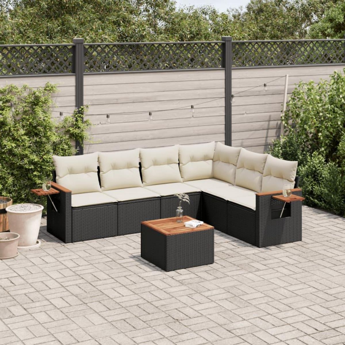 VIDAXL Salon de jardin 7 pcs avec coussins noir resine tressee