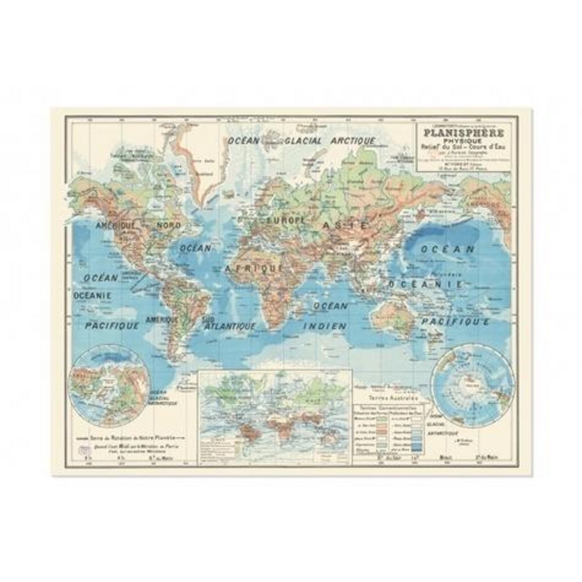 PLANISPHERE PHYSIQUE : RELIEF DU SOL - COURS D'EAU. 650 X 850 MM, EDITION BILINGUE FRANCAIS-ANGLAIS, Forest Joseph