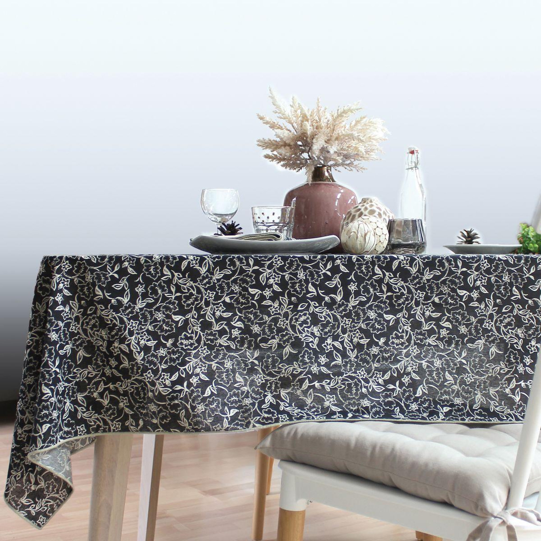 Voir la diapositive 2 : ENJOY HOME Nappe déperlante imprimé  linette  140x240cm noir & écru