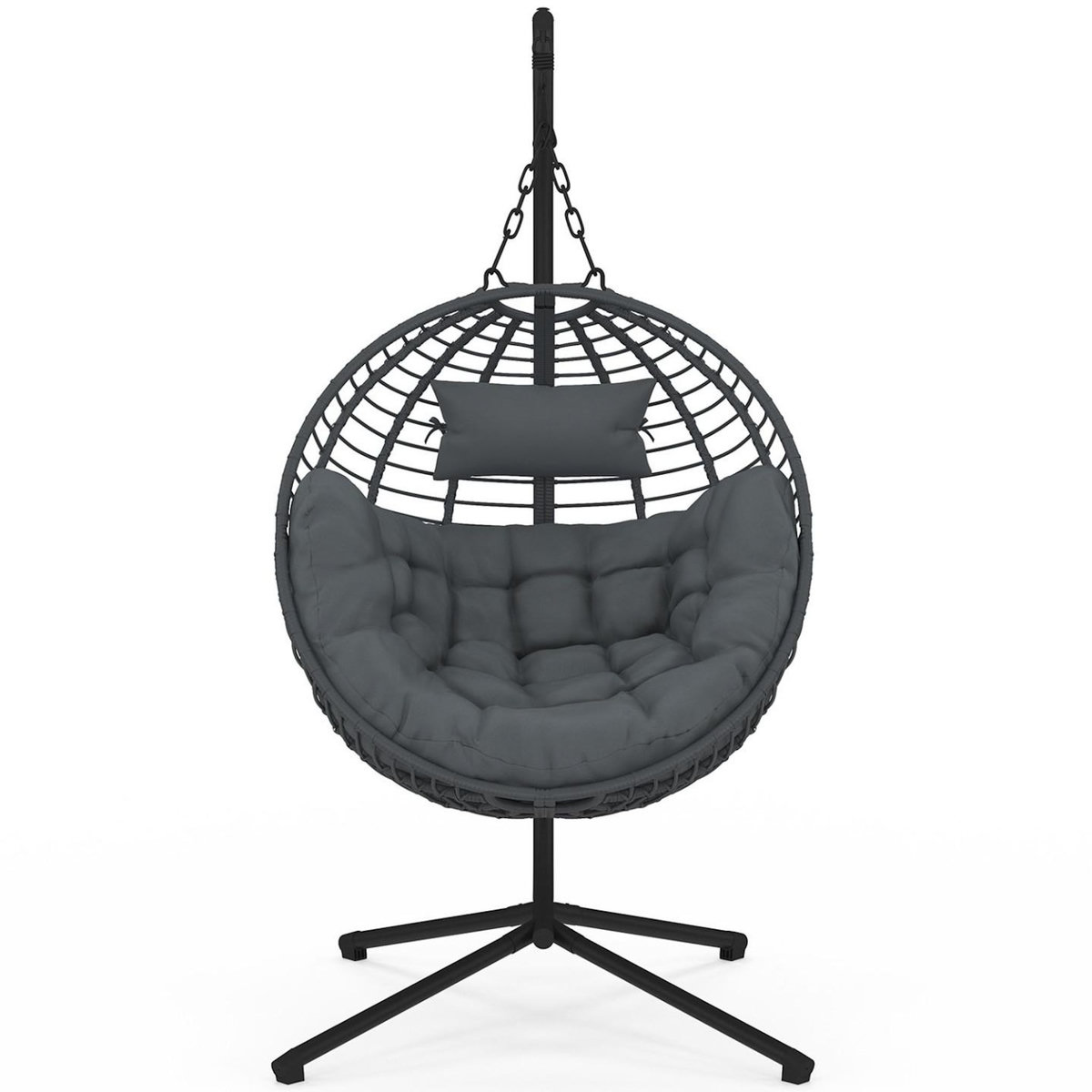 ID MARKET Fauteuil rond suspendu ajouré effet rotin gris avec coussin gris