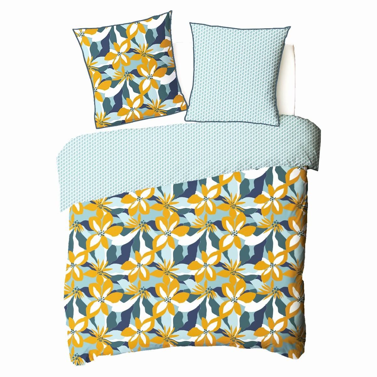 FUTURE HOME Parure de lit 2 personnes en percale 70 fils imprimé bleu