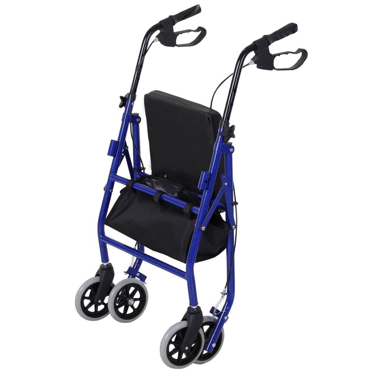 HOMCOM Déambulateur 4 roues - déambulateur pliable léger - assise + dossier rembourré  - poignées ergonomiques, freins à main - panier rangement - métal bleu