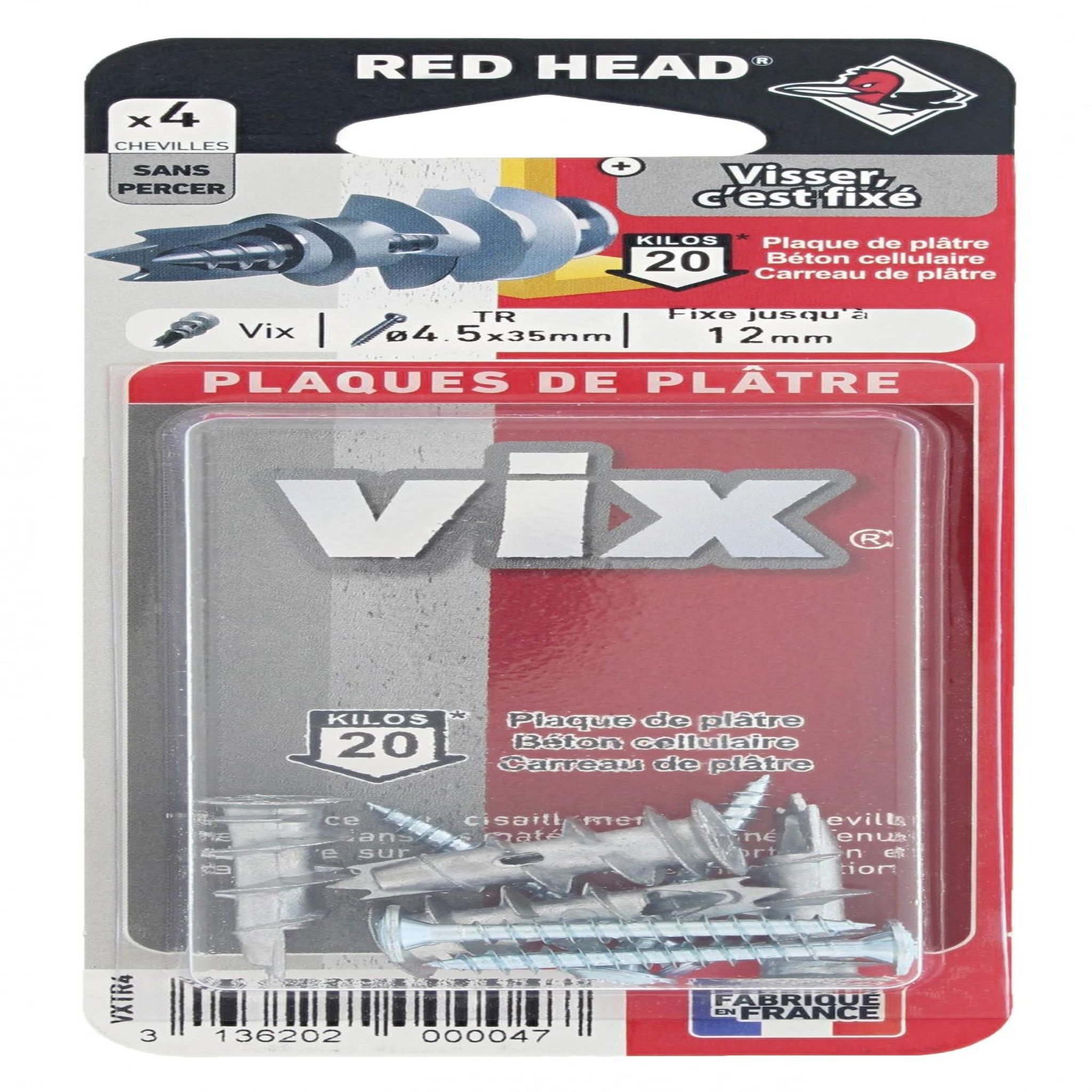 RED HEAD Lot de 4 chevilles et vis à visser vix RED HEAD, Diam.12 x L.30 mm