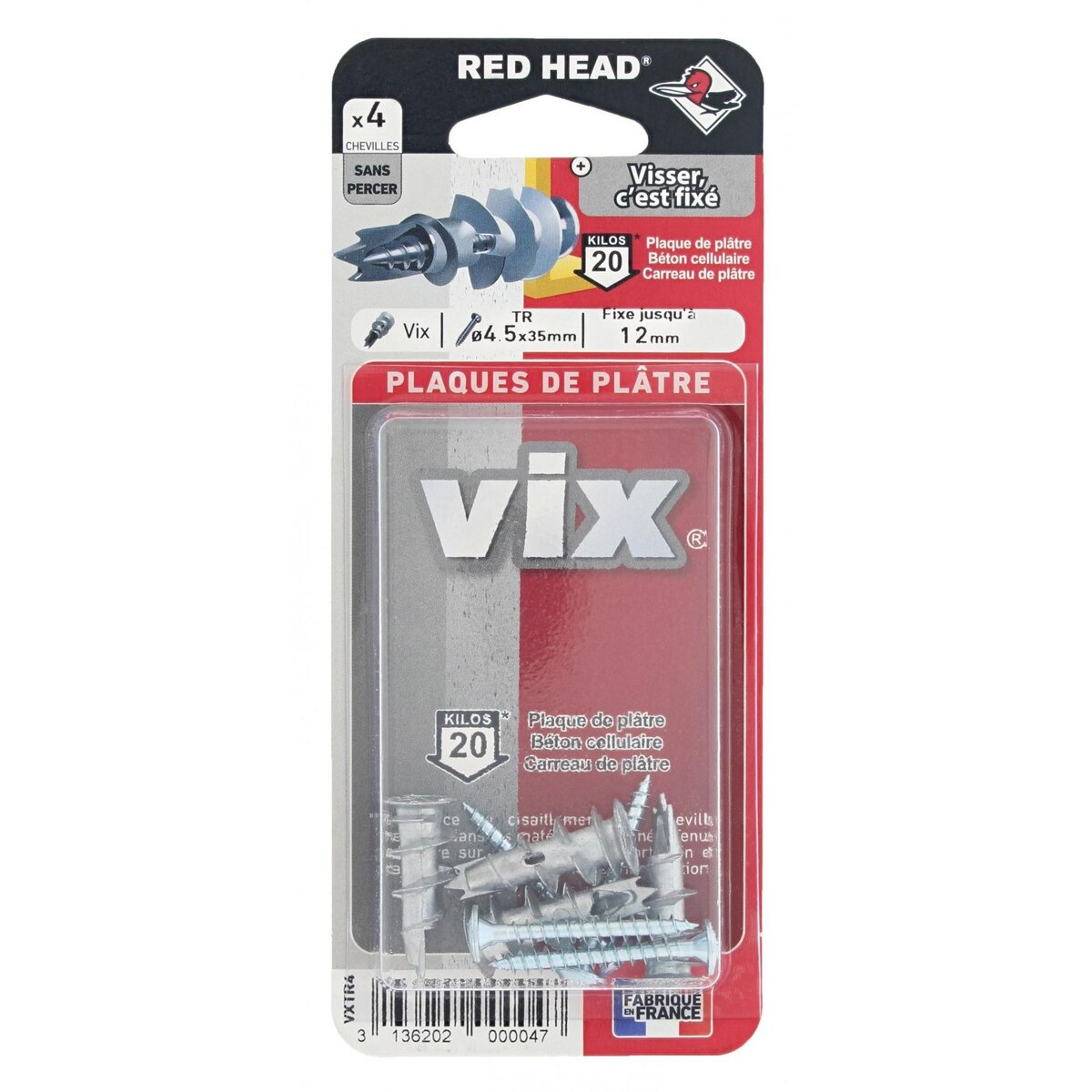 RED HEAD Lot de 4 chevilles et vis à visser vix RED HEAD, Diam.12 x L.30 mm