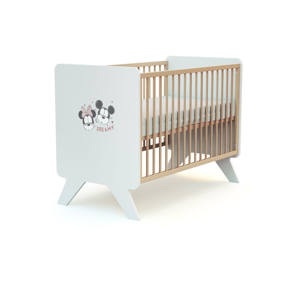 AT4 Lit bébé 60x120 cm MICKEY ET MINNIE DISNEY Blanc et Hêtre