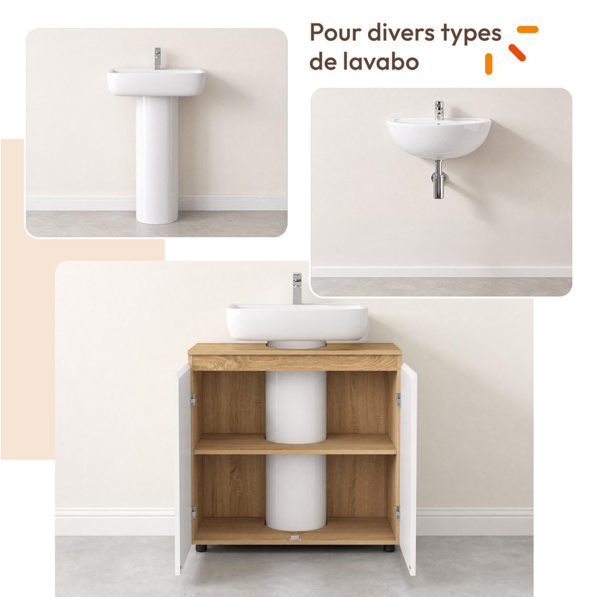 Voir la diapositive 6 : ID MARKET Meuble sous lavabo salle de bain tomi façon hêtre et blanc