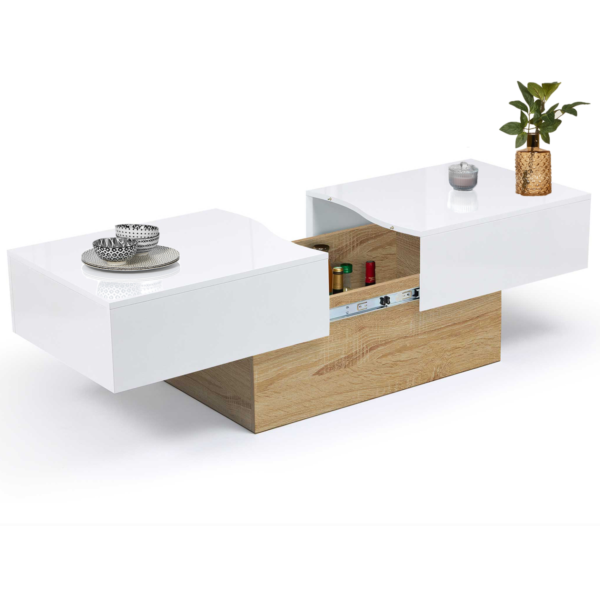 ID MARKET Table basse coulissante rectangulaire marta bois imitation hêtre et blanc