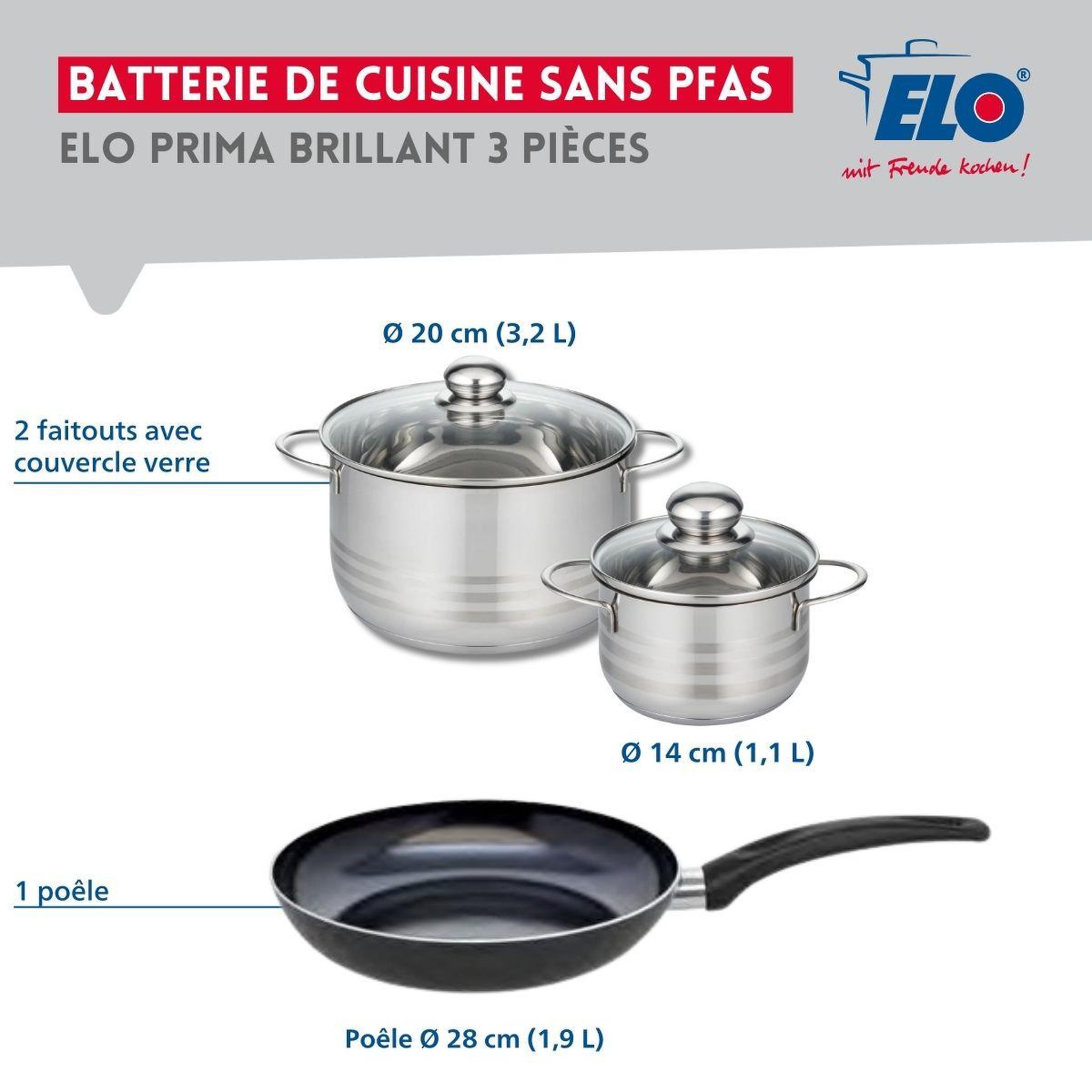 Voir la diapositive 2 : ELO Ensemble de 1 poêle de cuisson 28 cm et 2 faitouts 14 et 20 cm elo prima brillant