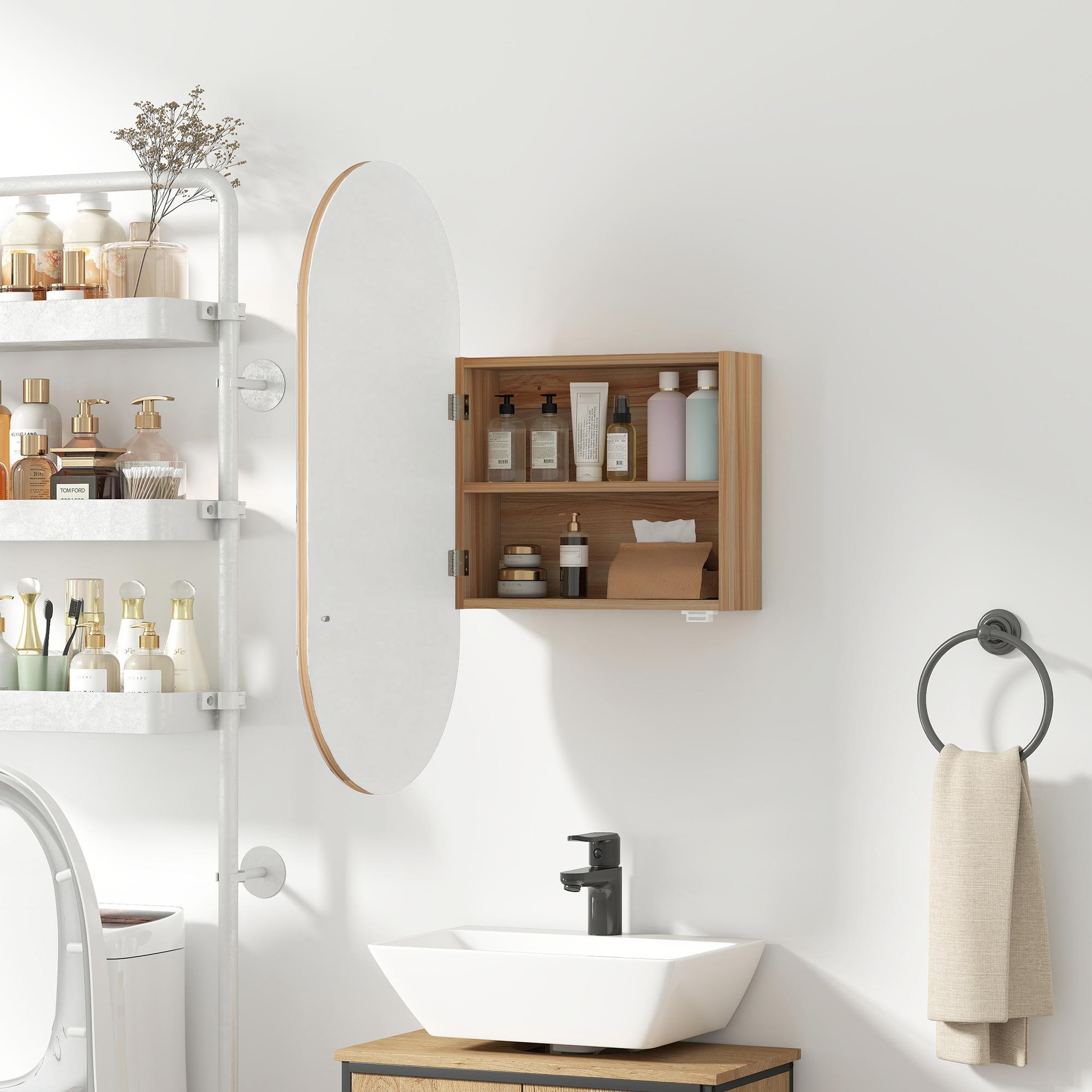 Voir la diapositive 4 : HOMCOM Armoire miroir design ovale dim. 45 x 90 cm étagère effet bois clair