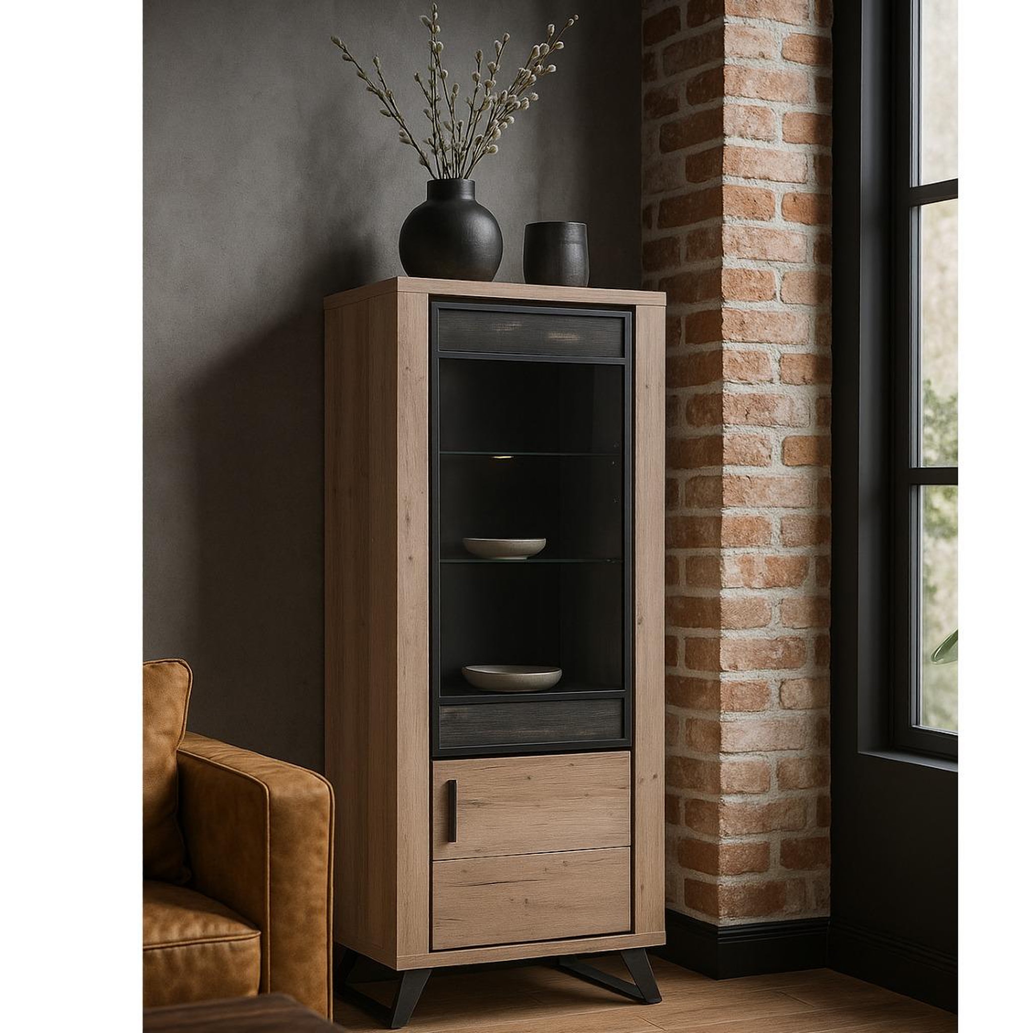 Voir la diapositive 2 : JLC KREATION Colonne contemporaine 2portes dont 1 vitrée décor chêne PERO
