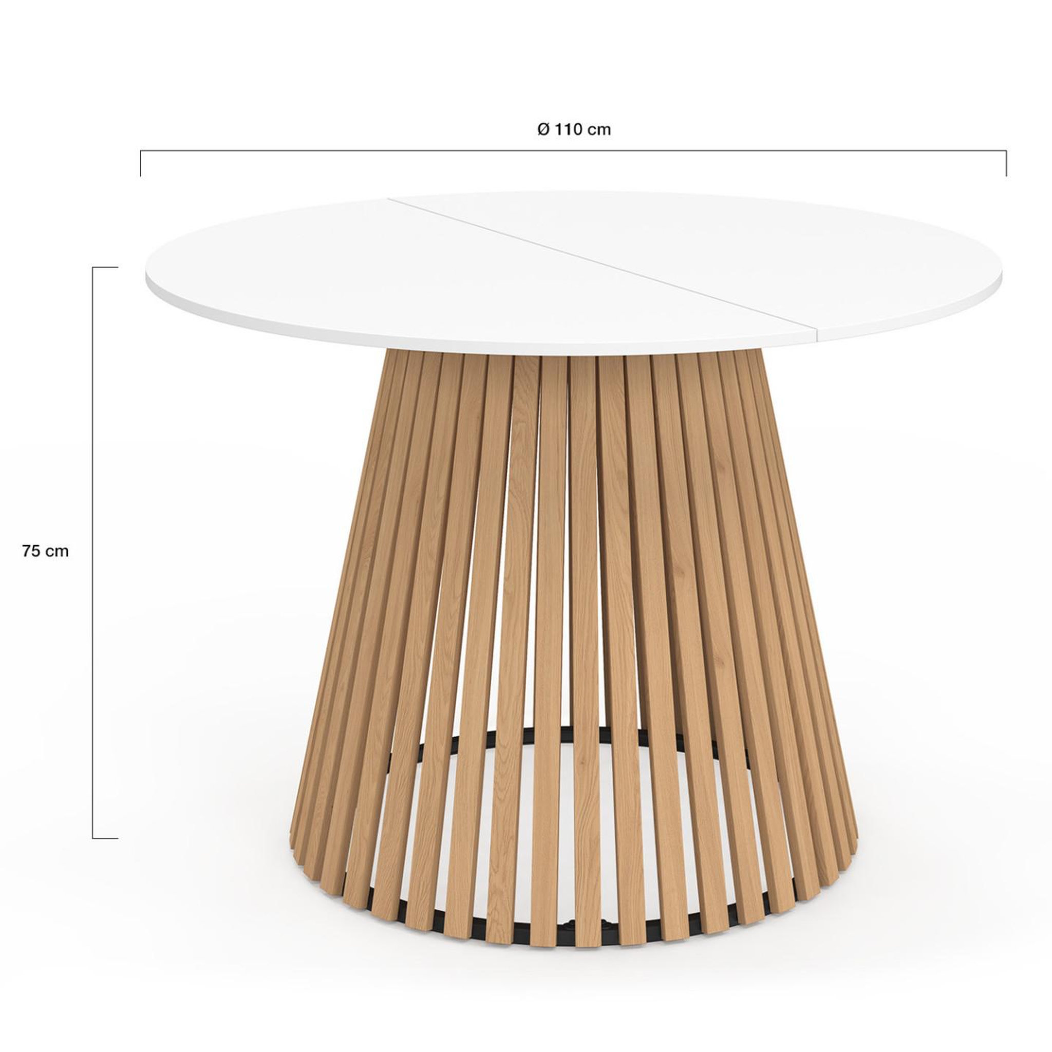 Voir la diapositive 4 : ID MARKET Table à manger ronde carmen 6 personnes pied bois en lattes et plateau bois blanc 110 cm