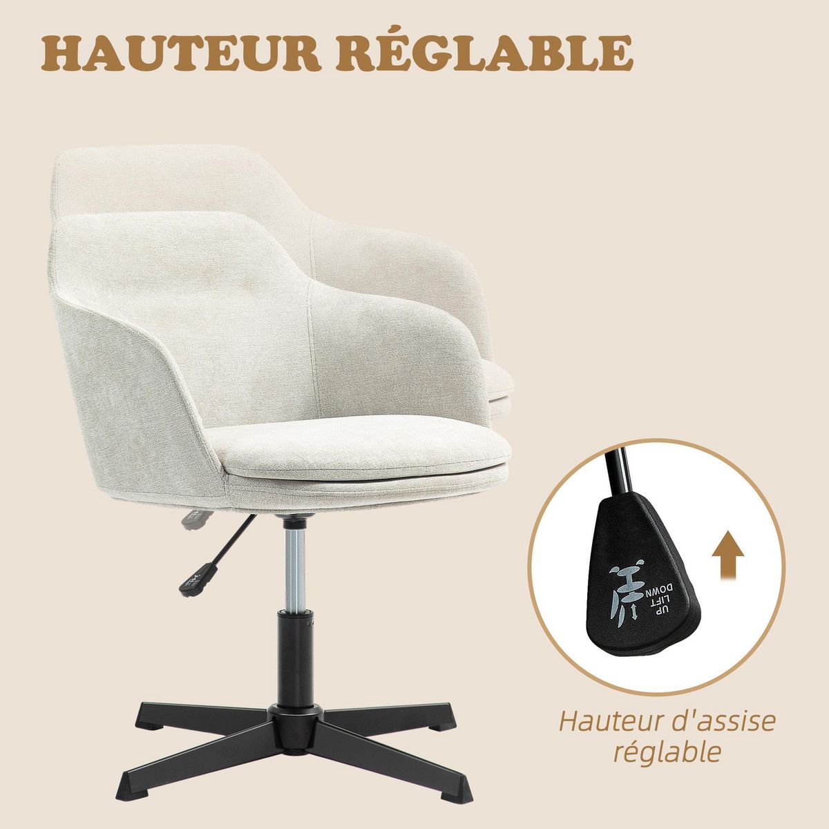 HOMCOM Chaise de bureau enveloppante design - piètement acier noir tissu toucher lin beige