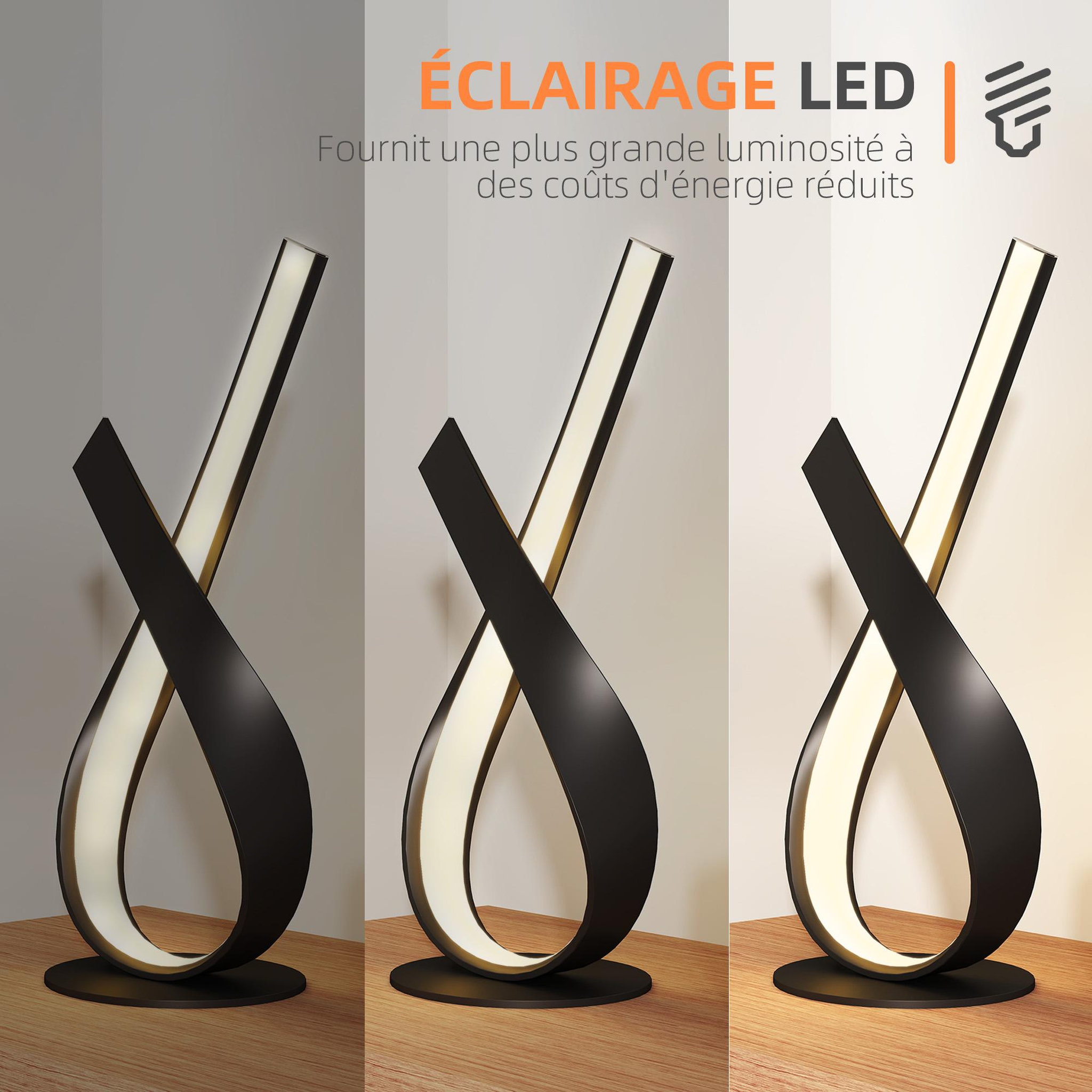Voir la diapositive 5 : HOMCOM Lampe à poser design contemporain - lampe de table design spirale - dim. 21l x 15l x 43h cm - alu. Noir led blanc chaud
