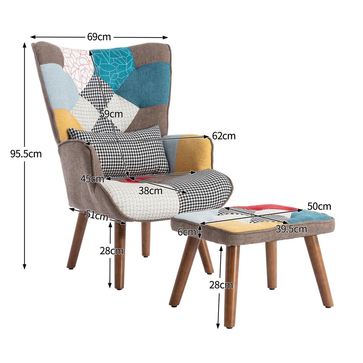 MERAX Fauteuil Scandinave + Pouf Tissu Multicolore