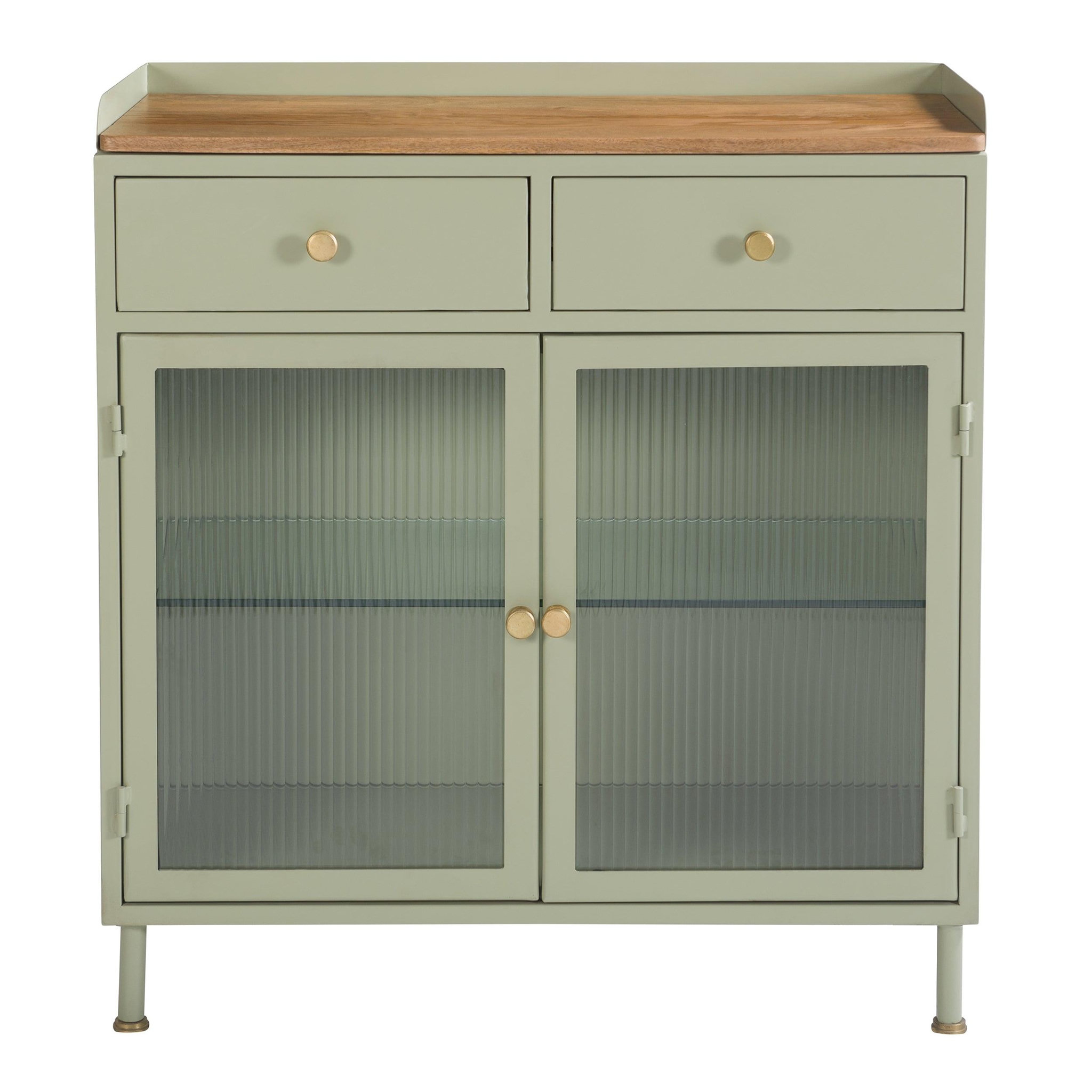MAISON PAVANE Buffet 2 portes 2 tiroirs en métal vert, manguier et verre-Marnie
