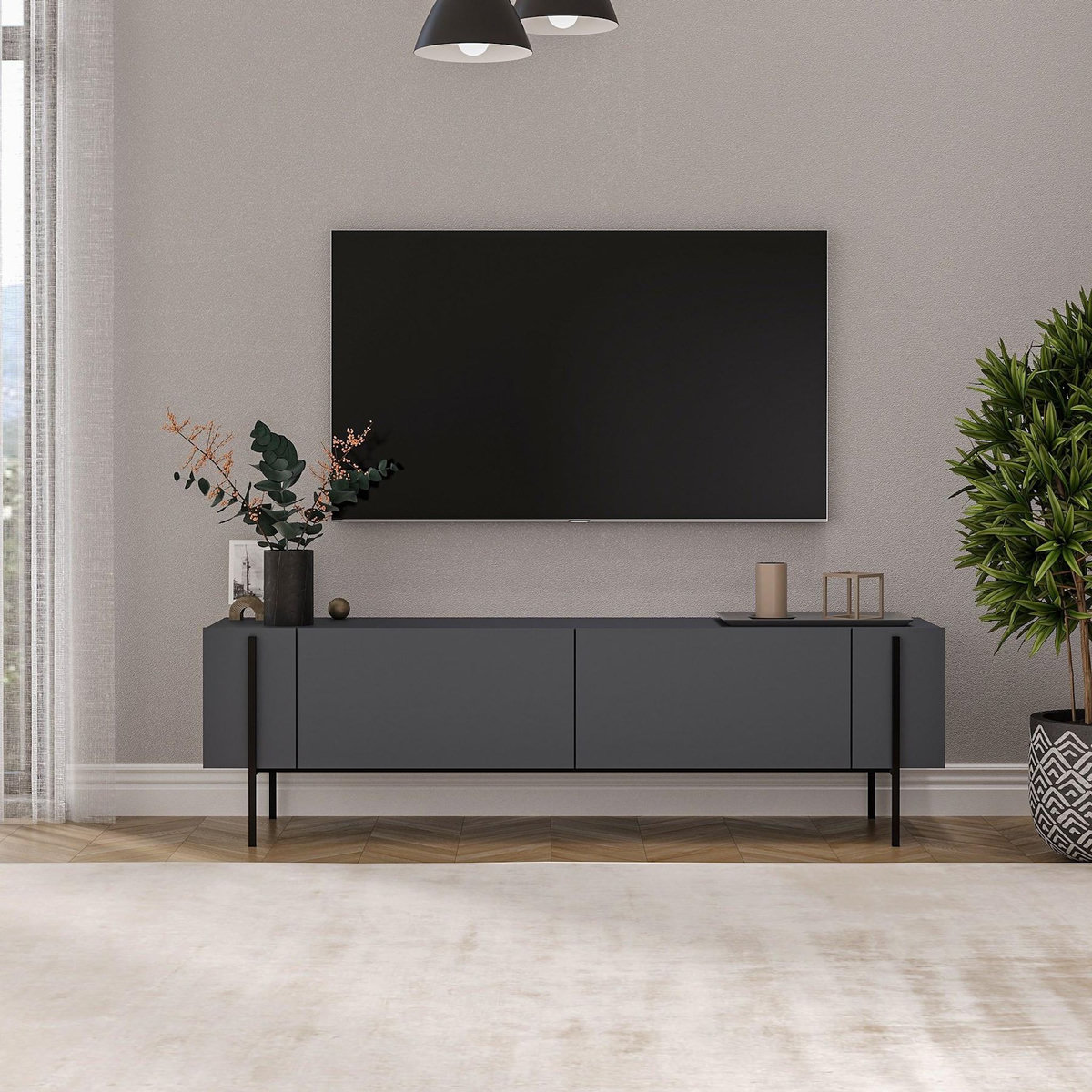 Habitat et Jardin Meuble TV en bois  Herman  - 160 x 31 x 45 cm - Gris anthracite