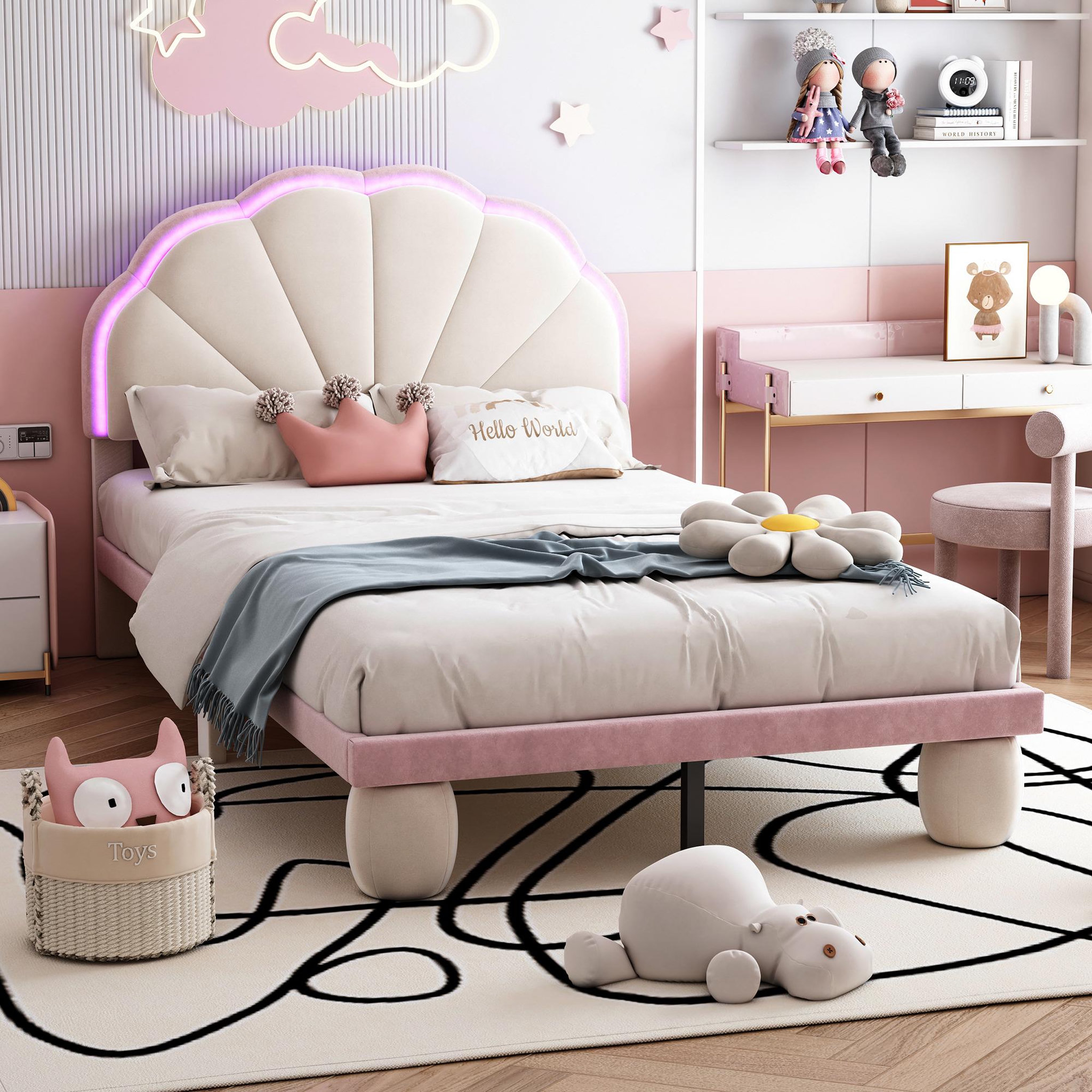 Voir la diapositive 5 : MERAX Lit simple enfant rembourré 90x200cm velours coloris beige+rose led