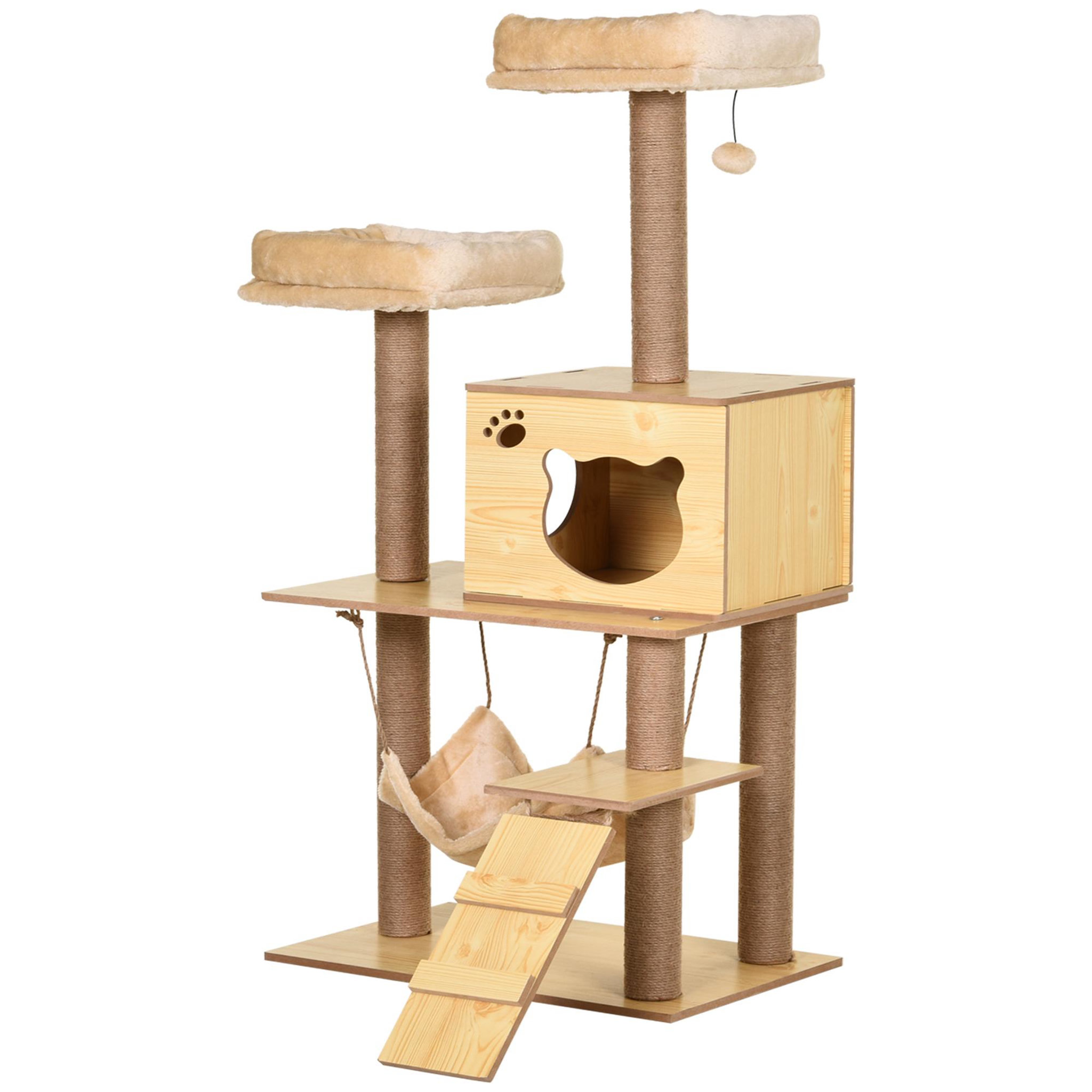 PAWHUT Arbre à chats design contemporain griffoirs grattoirs sisal naturel niche plate-formes hamac boule panneaux particules beige