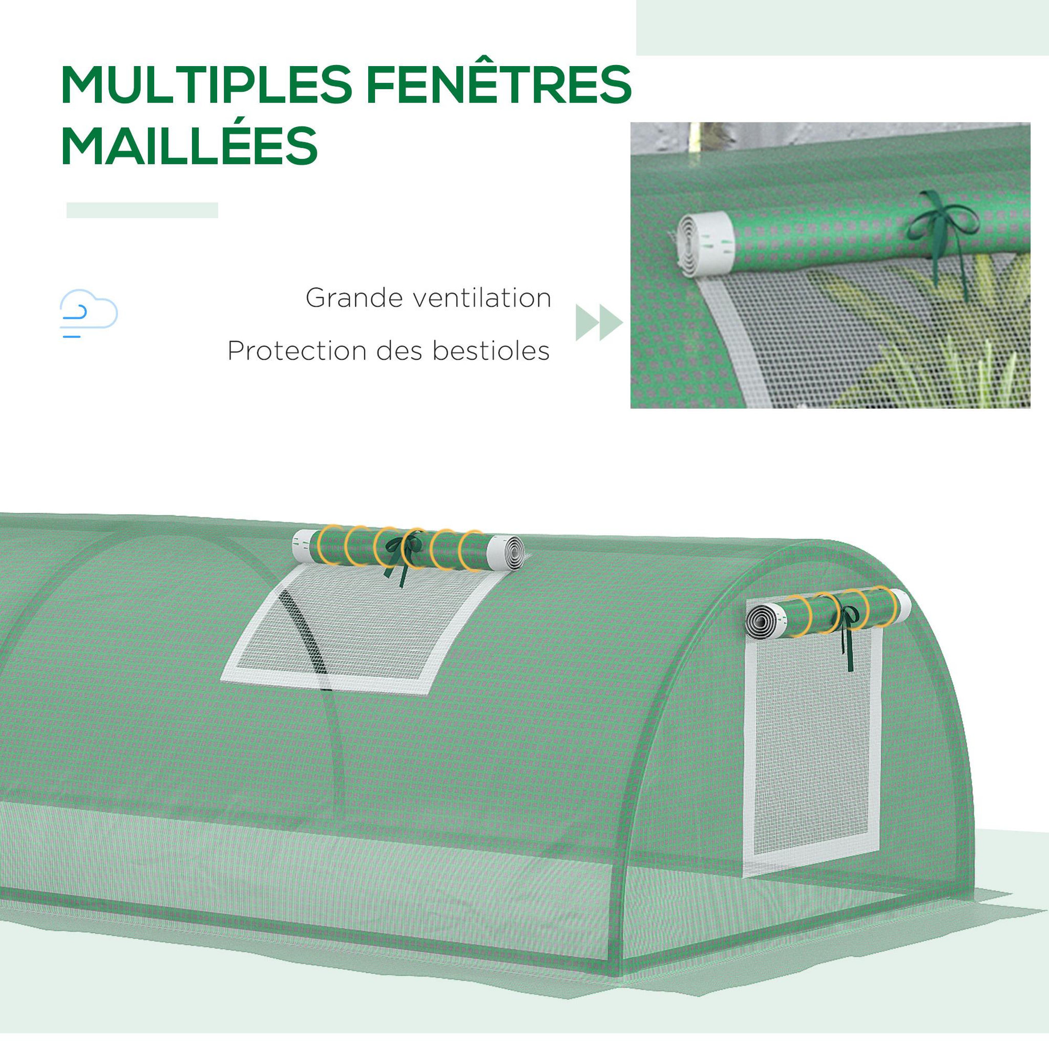 Voir la diapositive 5 : OUTSUNNY Mini serre de jardin serre à tomates dim. 300L x 80l x 45H cm acier PE 5 fenêtres zippées enroulables vert
