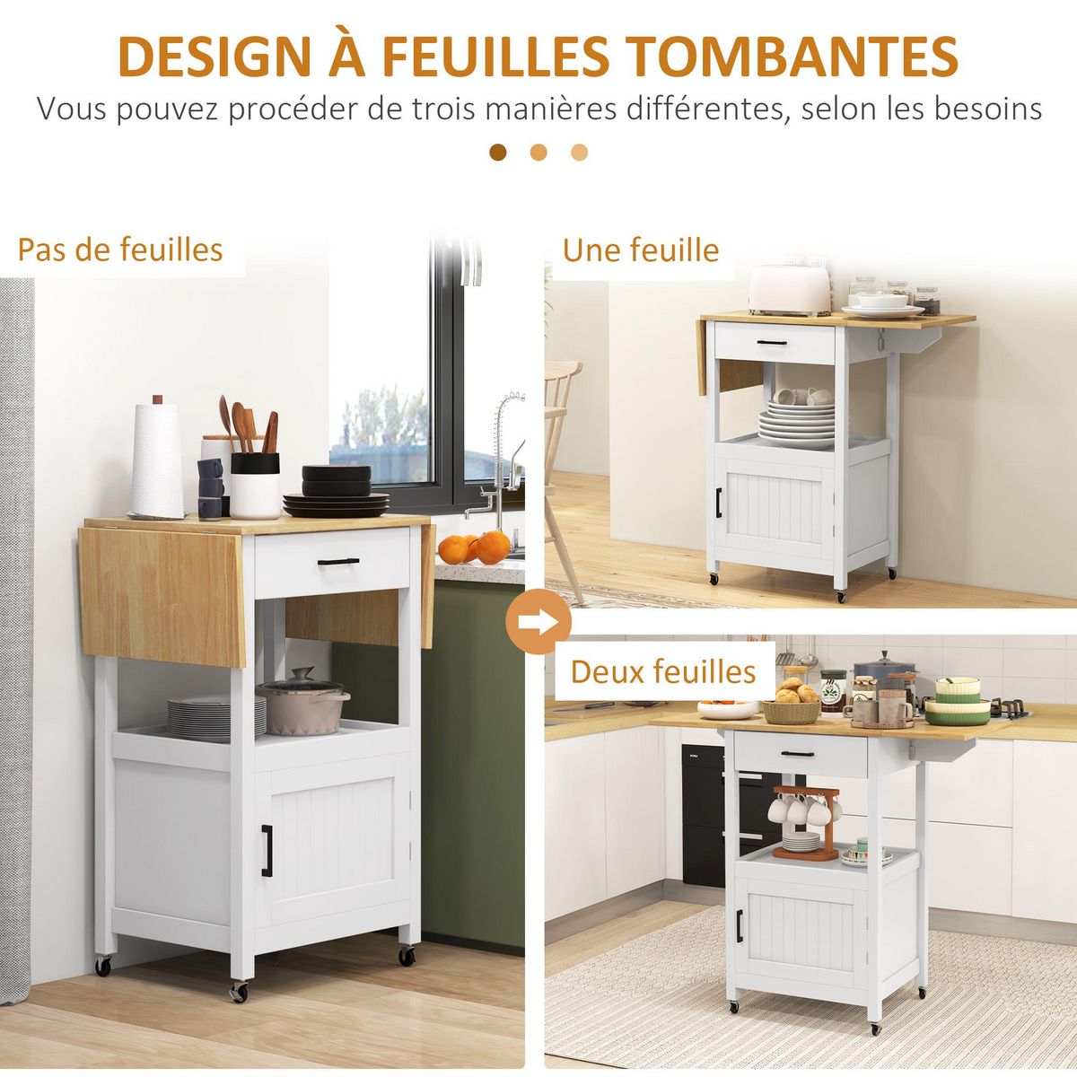 HOMCOM Desserte de cuisine extensible sur roulettes - porte, niche, tiroir - rallonges bois hévéa verni MDF blanc