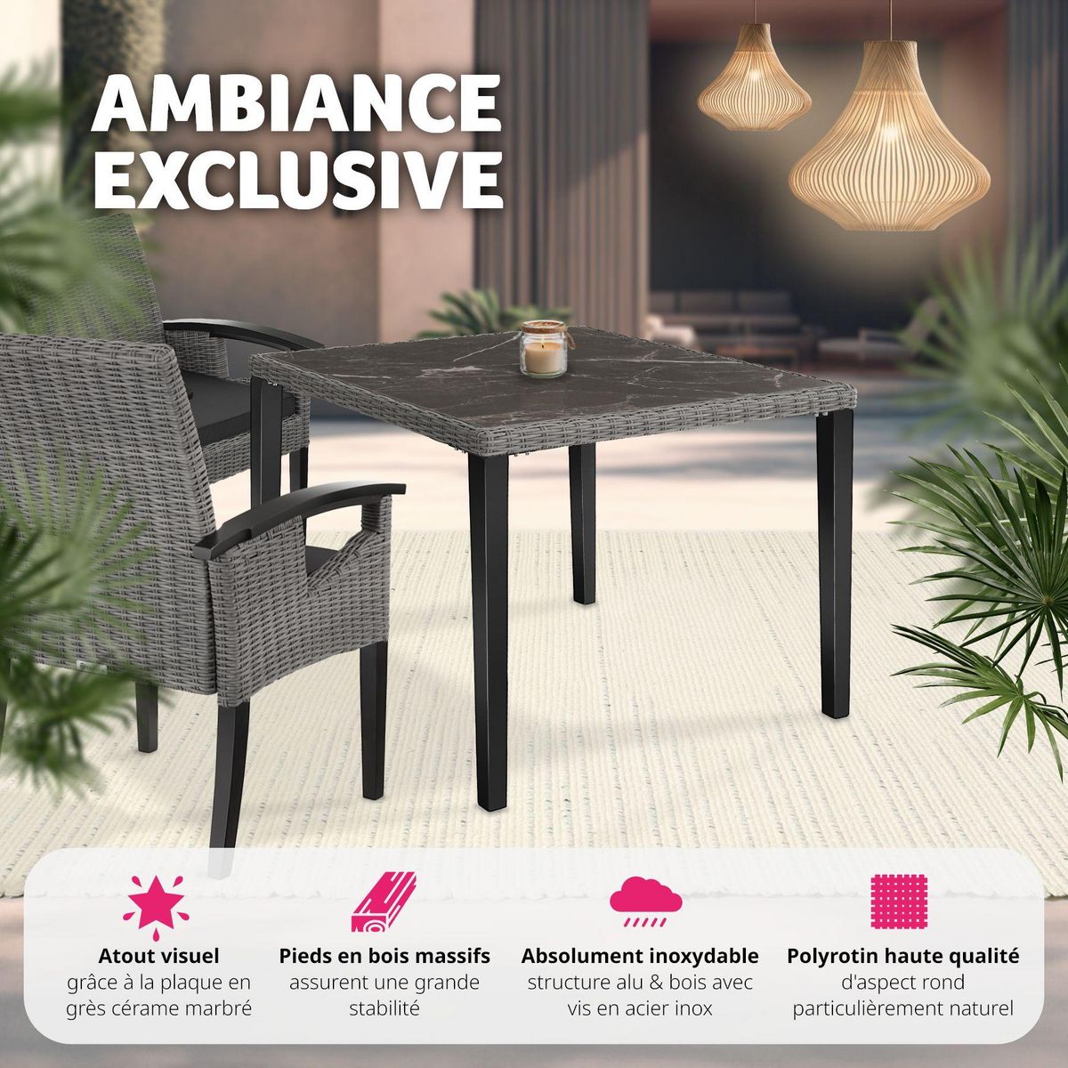 tectake Table en rotin avec cadre en aluminium et bois gris