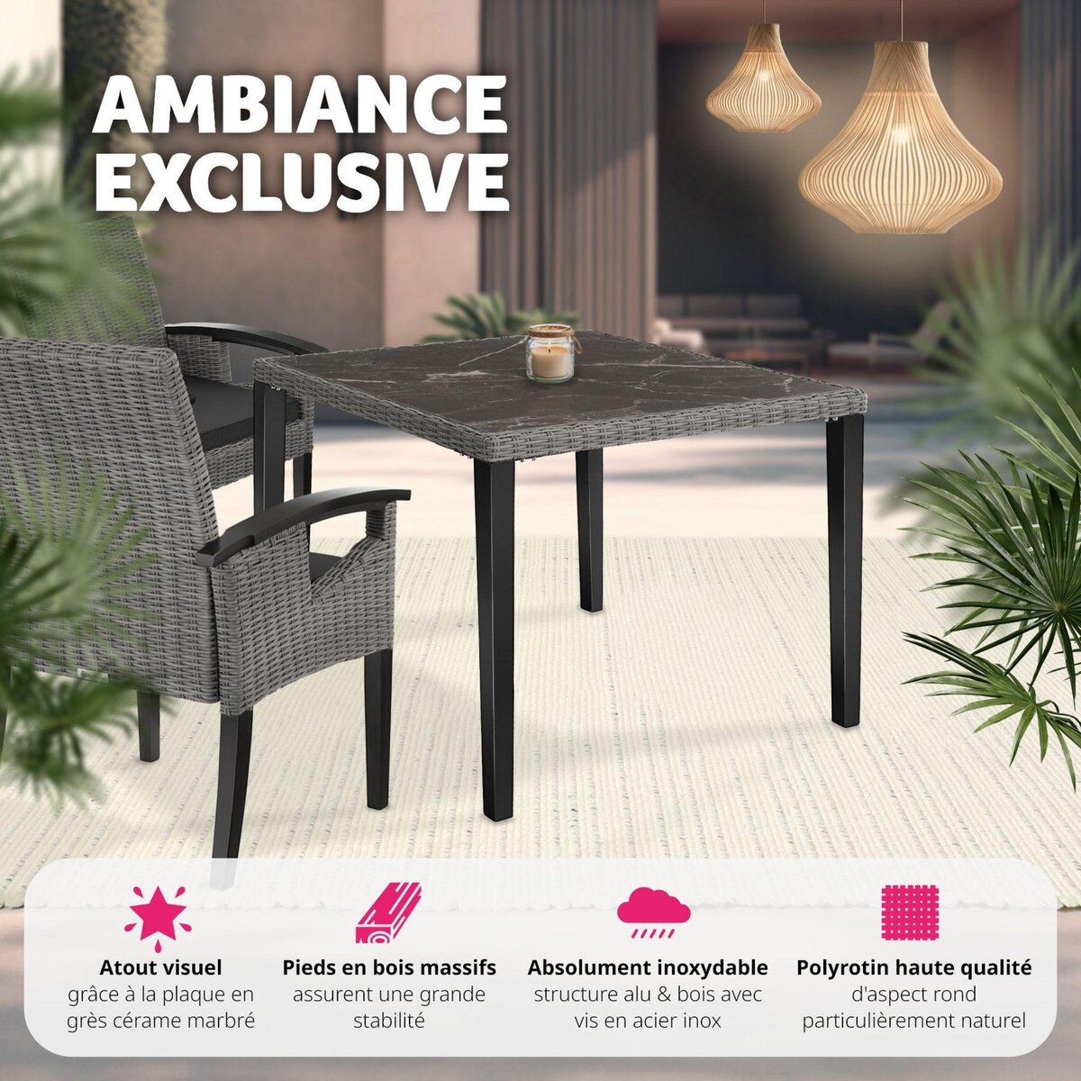 tectake Table en rotin avec cadre en aluminium et bois gris