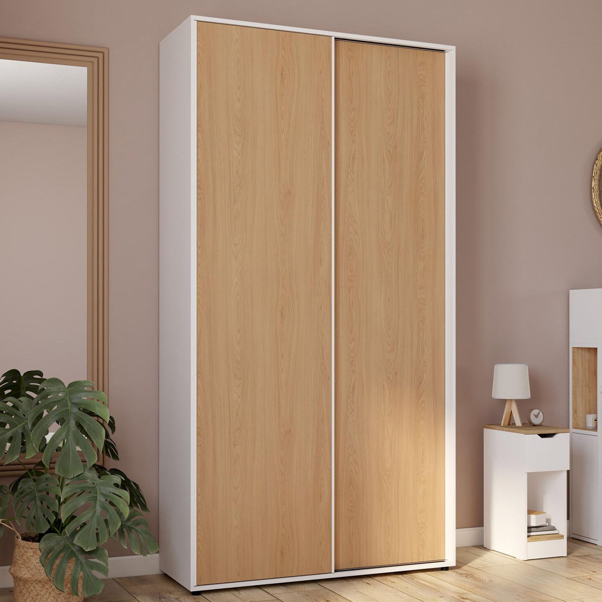 ID MARKET Armoire 2 portes coulissantes SLIDEA blanc et bois penderie 100 cm avec étagères rangement maxi capacité