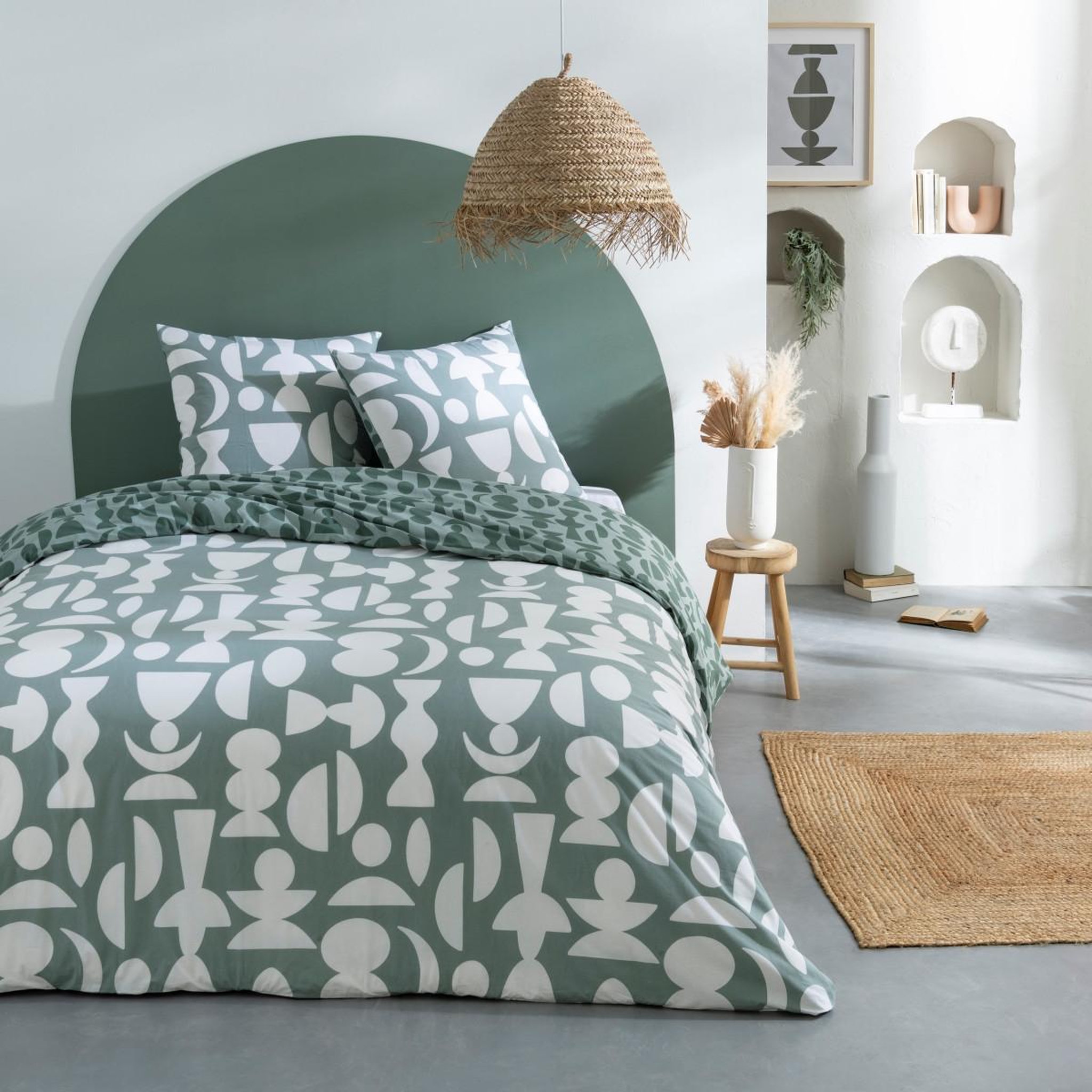 Voir la diapositive 1 : FUTURE HOME Parure de lit 2 personnes en coton 57 fils imprimé vert
