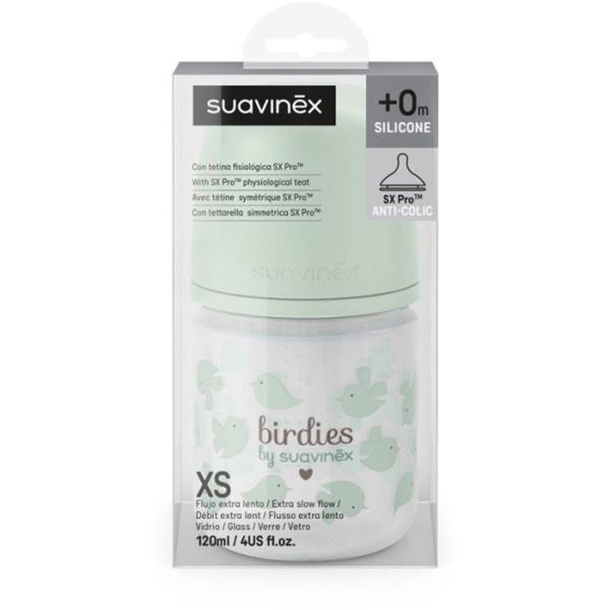 Voir la diapositive 3 : Suavinex Biberon verre - suavinex - birdies - tétine sx pro xs - 120 ml - 0 a 3 mois - vert