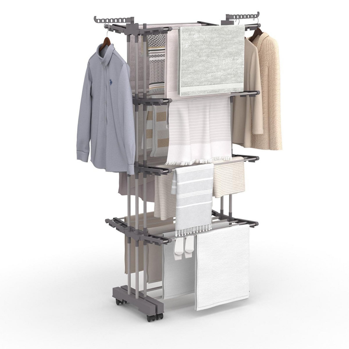 ID MARKET Séchoir à linge vertical pliable et extensible 4 niveaux MAXI capacité 50M inox et gris