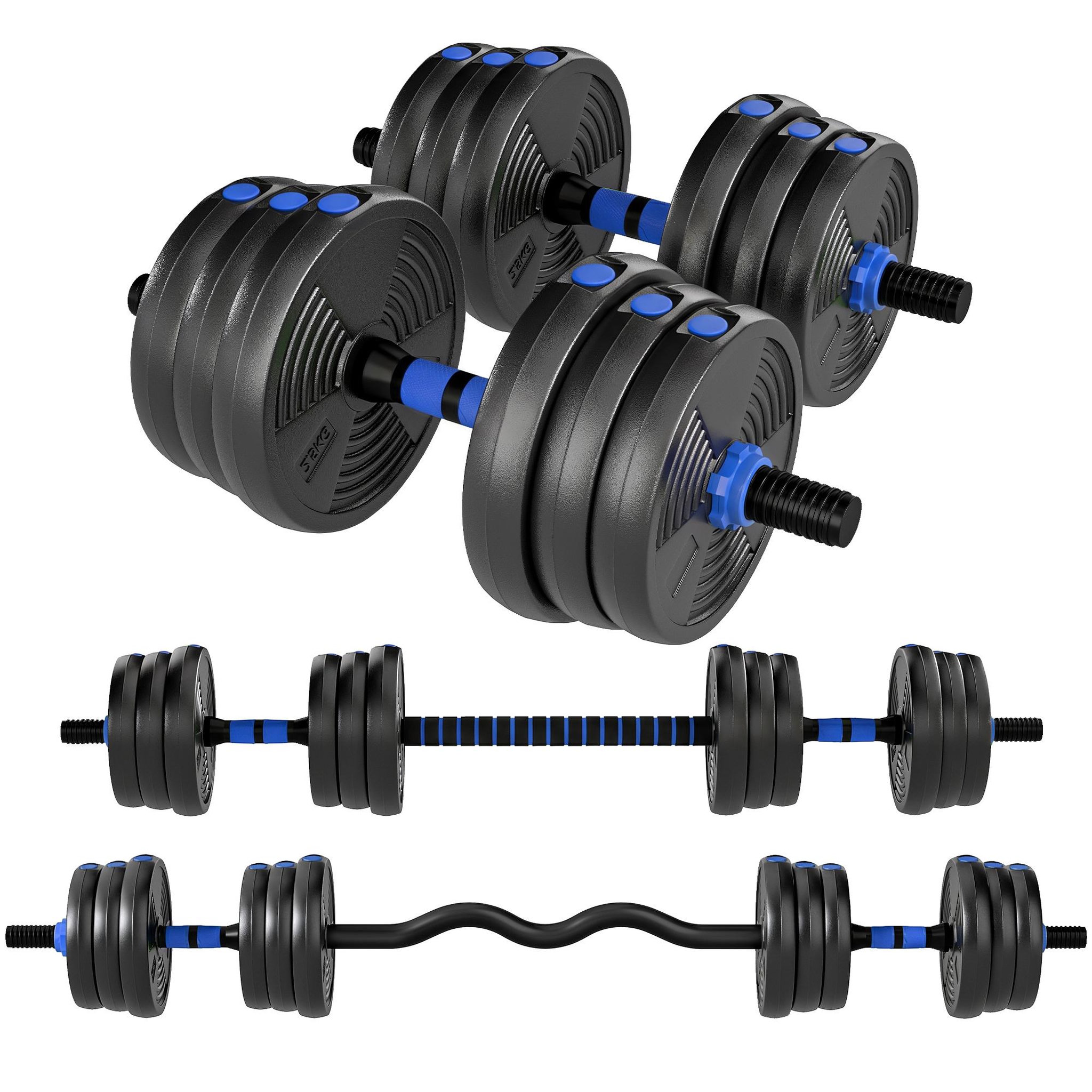 Voir la diapositive 5 : HOMCOM Ensemble d'haltères musculation multifonction 3 en 1 - haltères, olympic barre, curl ez barre - total 25kg - pvc bleu noir