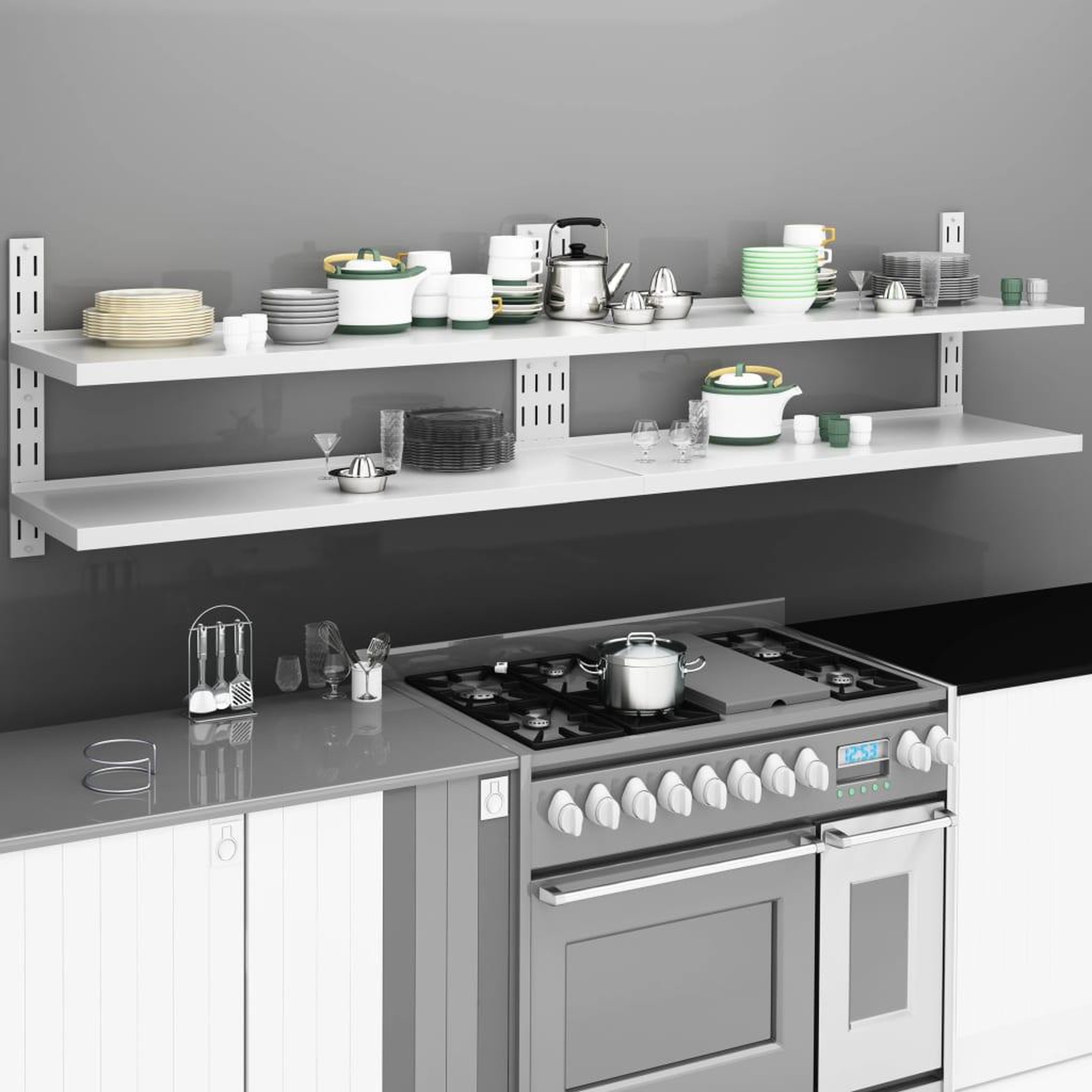 Voir la diapositive 1 : VIDAXL Etageres murales flottantes a 2 niveaux 2 pcs Inox 240x30 cm