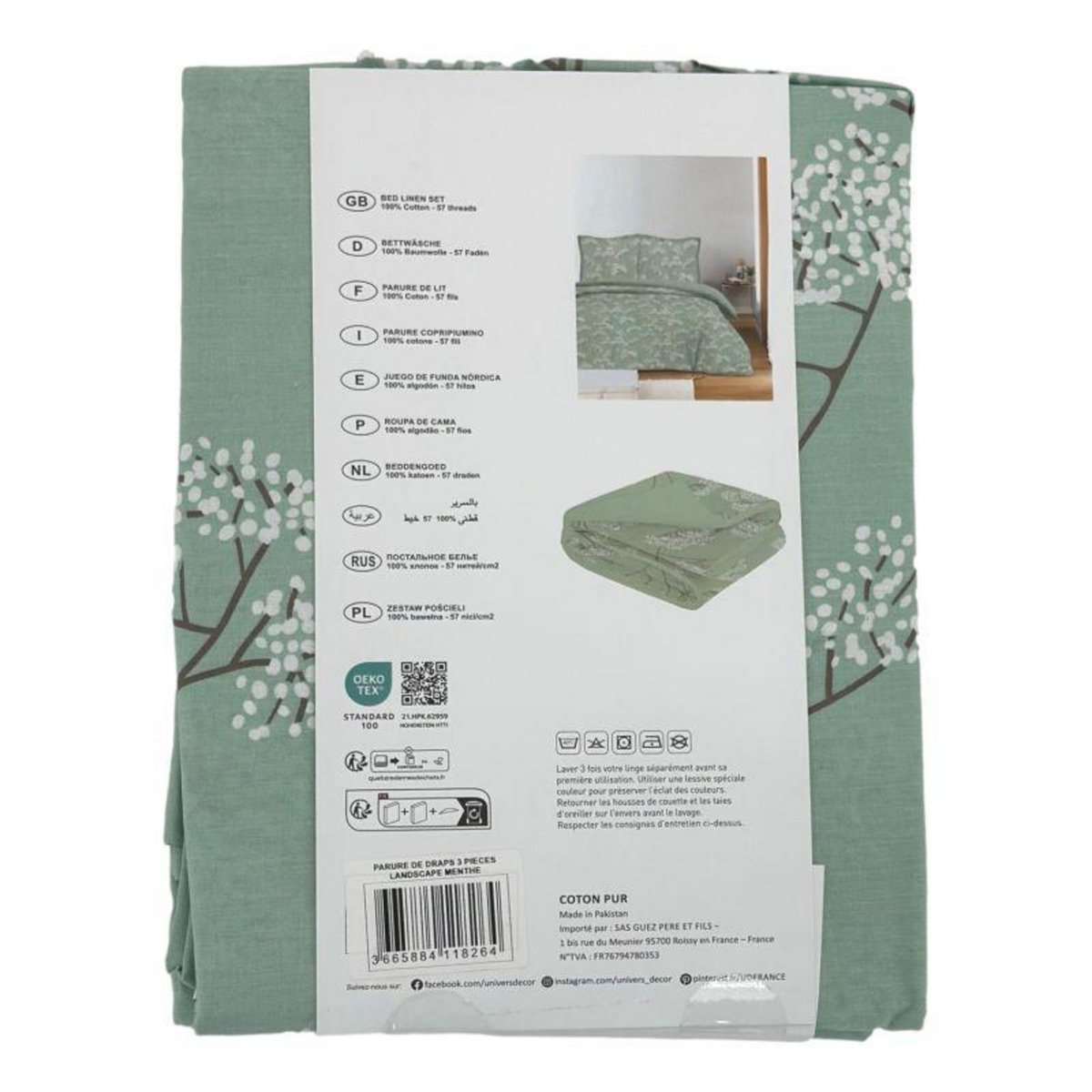 COTON PUR Parure de draps 3 pièces pour lit 90 x 190 cm Landscape Menthe