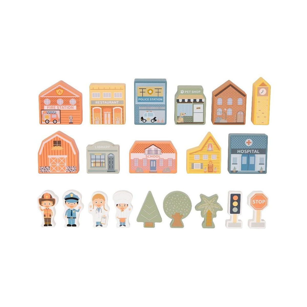 ELINELI Blocs de ville en bois- Maisons, personnages et accessoires