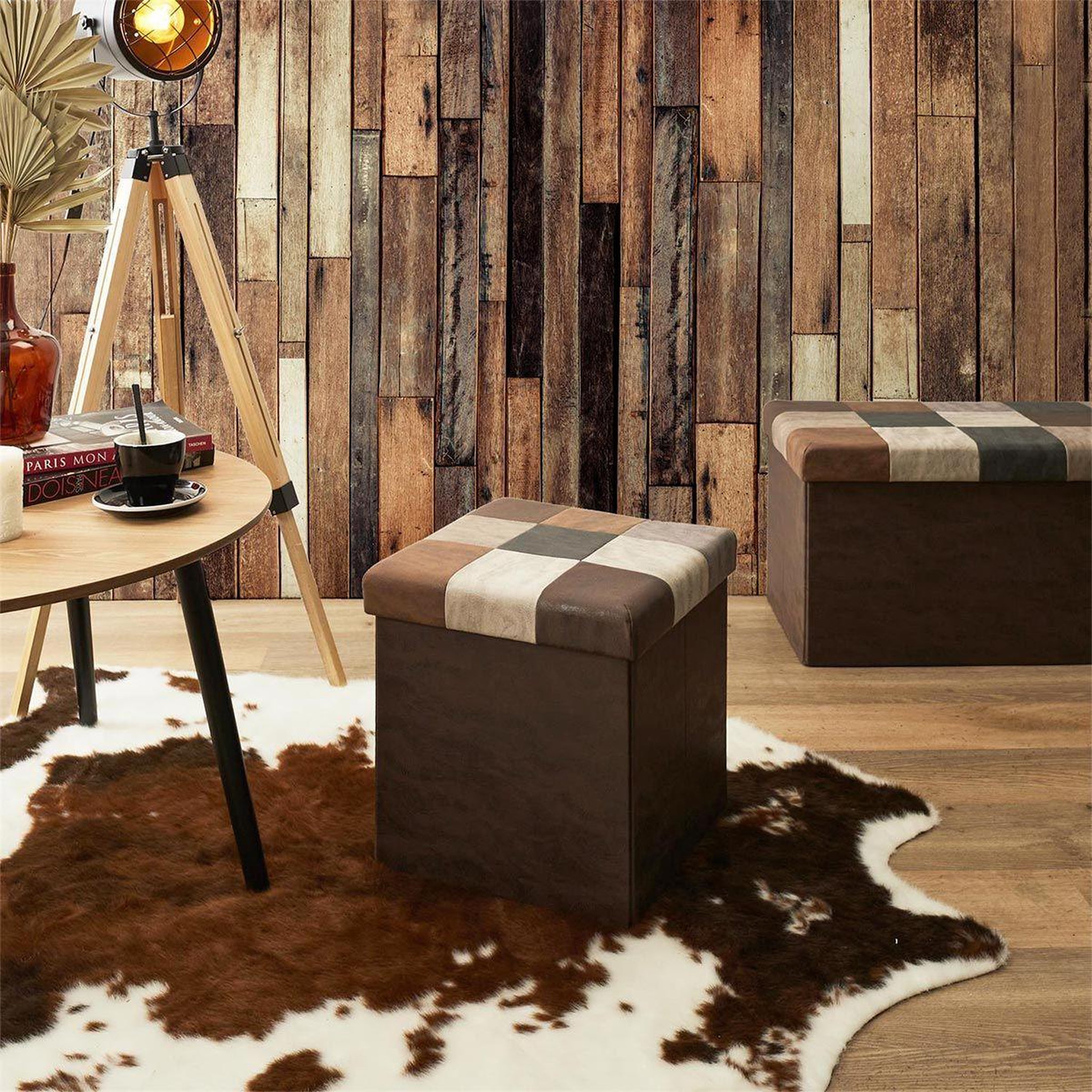 Voir la diapositive 6 : The Home Deco Factory Pouf coffre pliable patchwork  loic  38cm marron