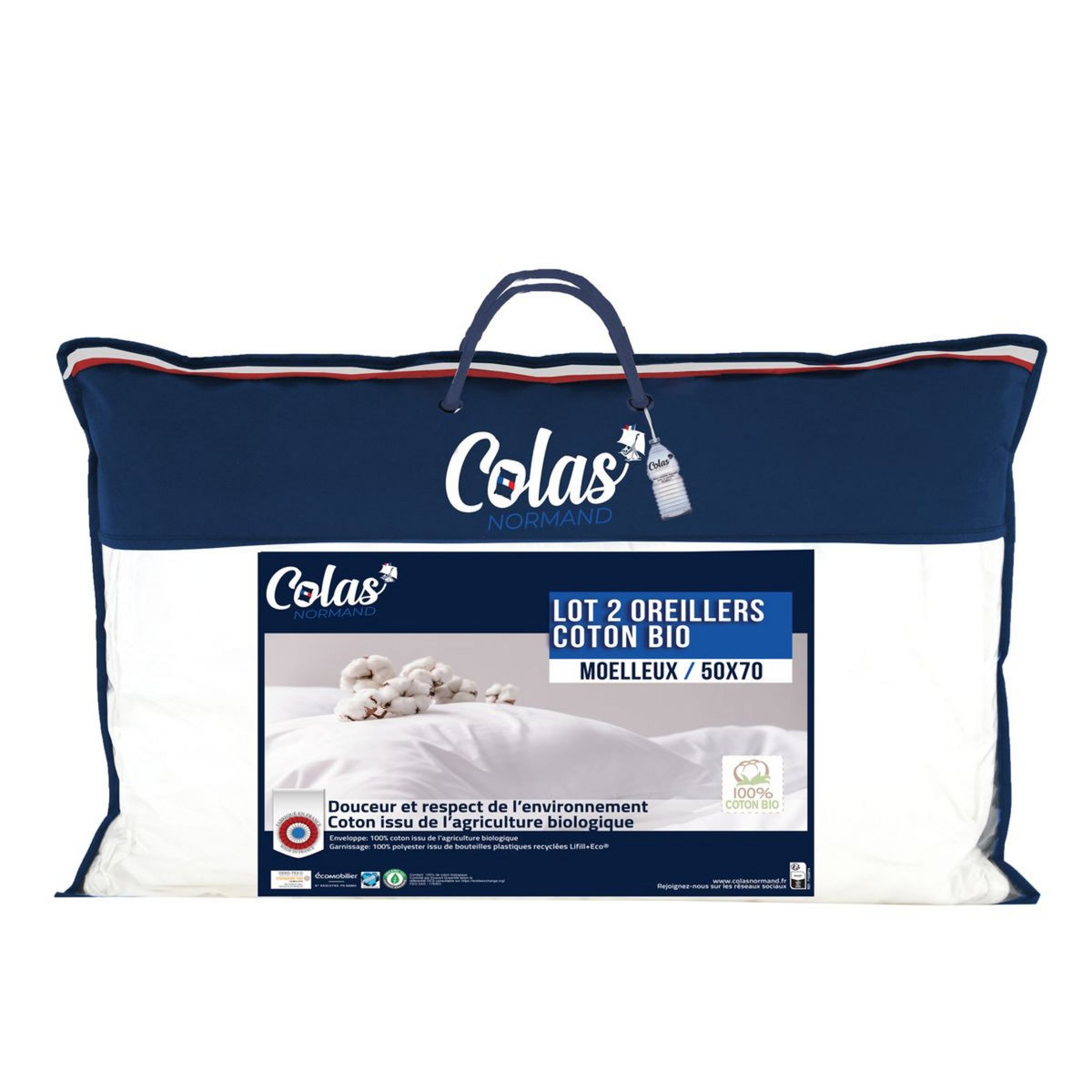 COLAS NORMAND Lot de 2 oreillers moelleux en coton Bio 
