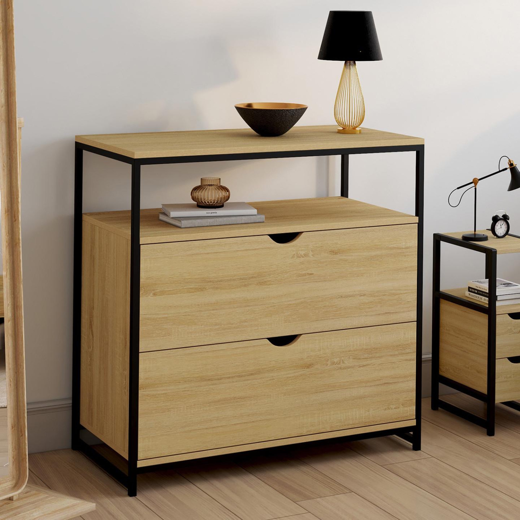 Voir la diapositive 2 : ID MARKET Commode 2 tiroirs detroit 80 cm design industriel avec étagère